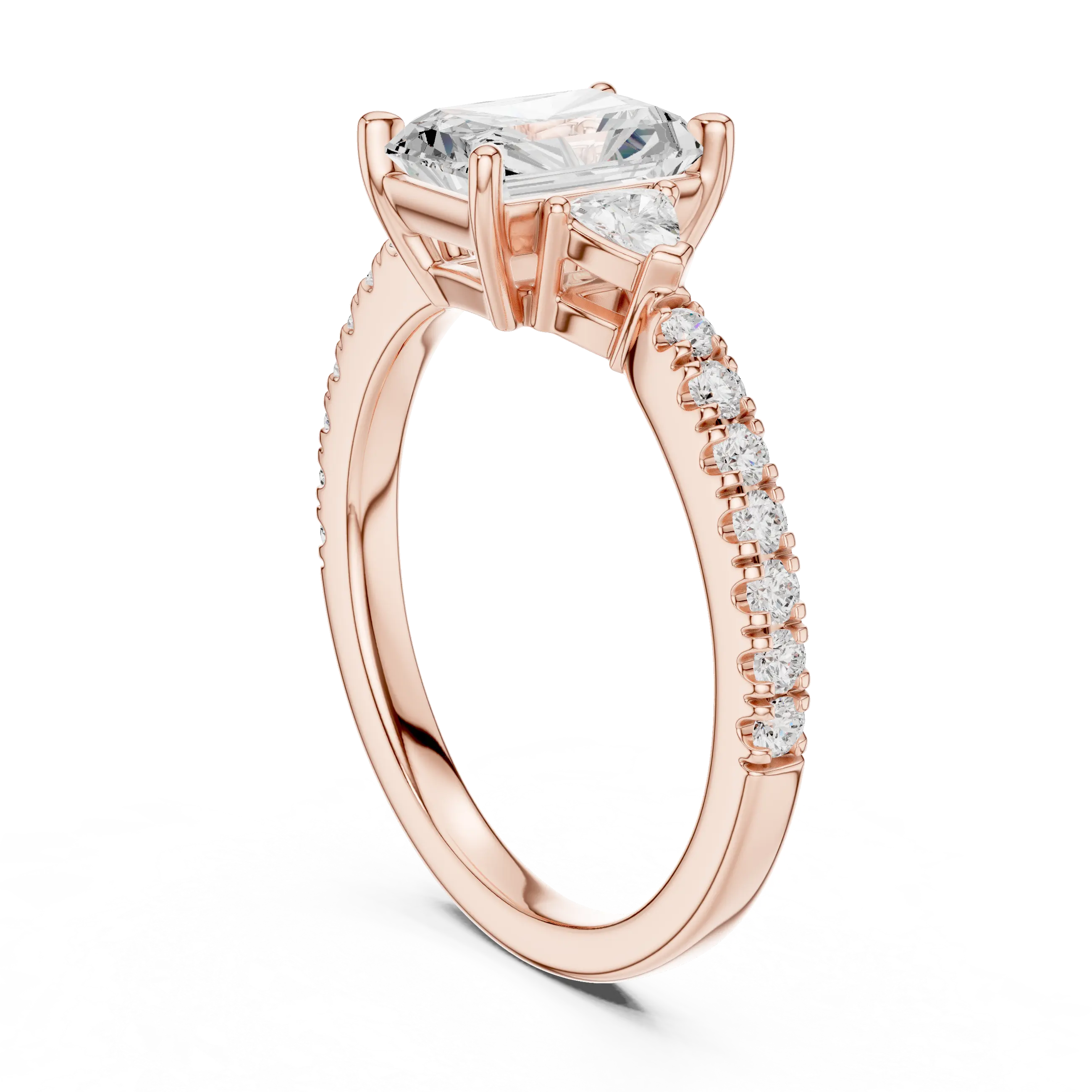 MJR084 - Radiant Center Three Stone Ring with Pavé Diamond Band