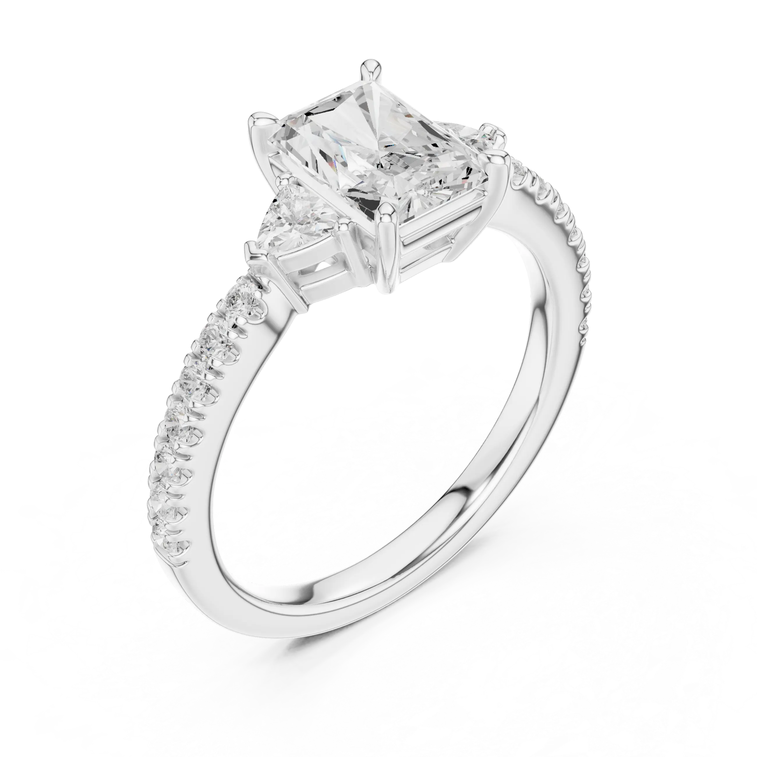 MJR084 - Radiant Center Three Stone Ring with Pavé Diamond Band