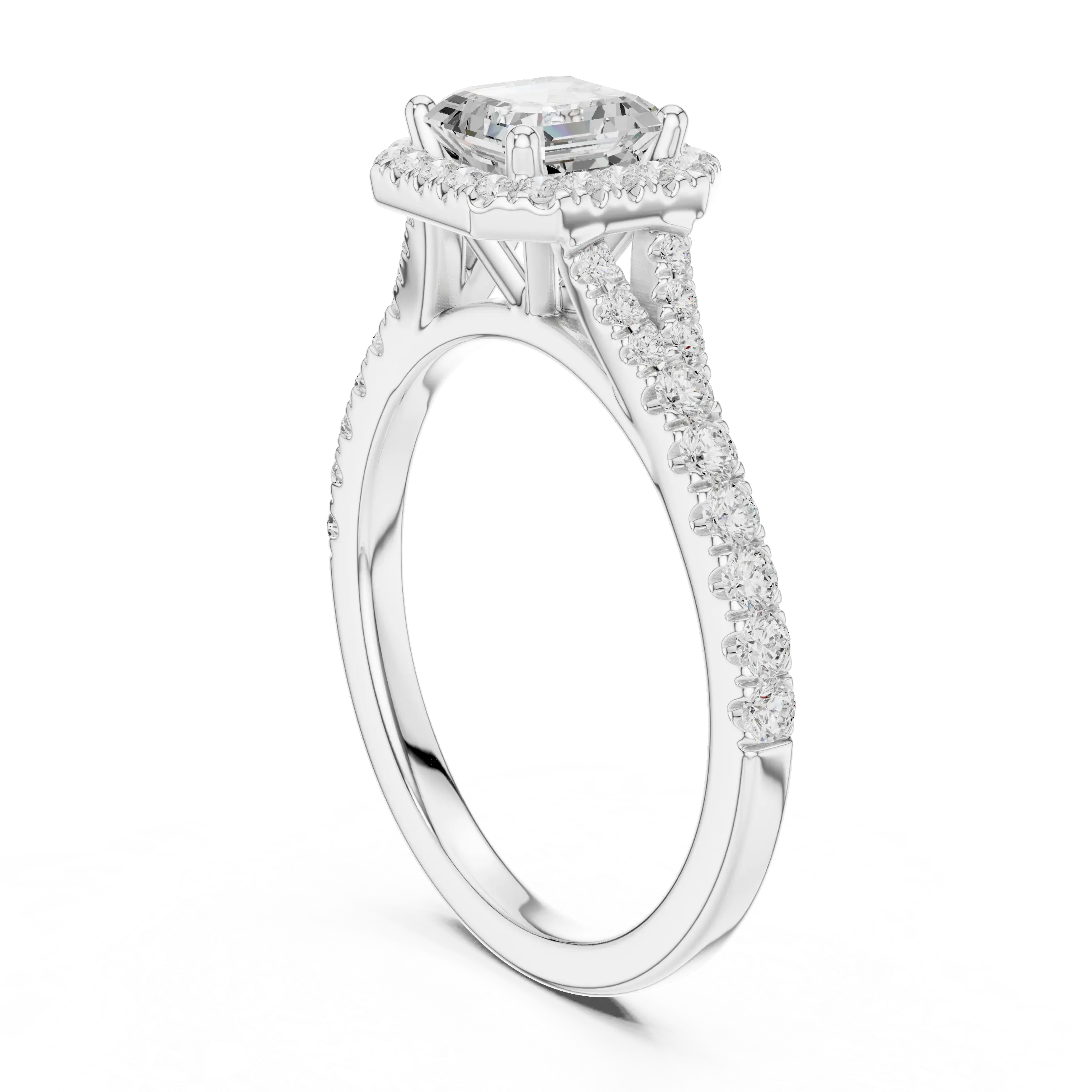MJR093 - Asscher Cut Halo Engagement Ring with Split Pavé Shank