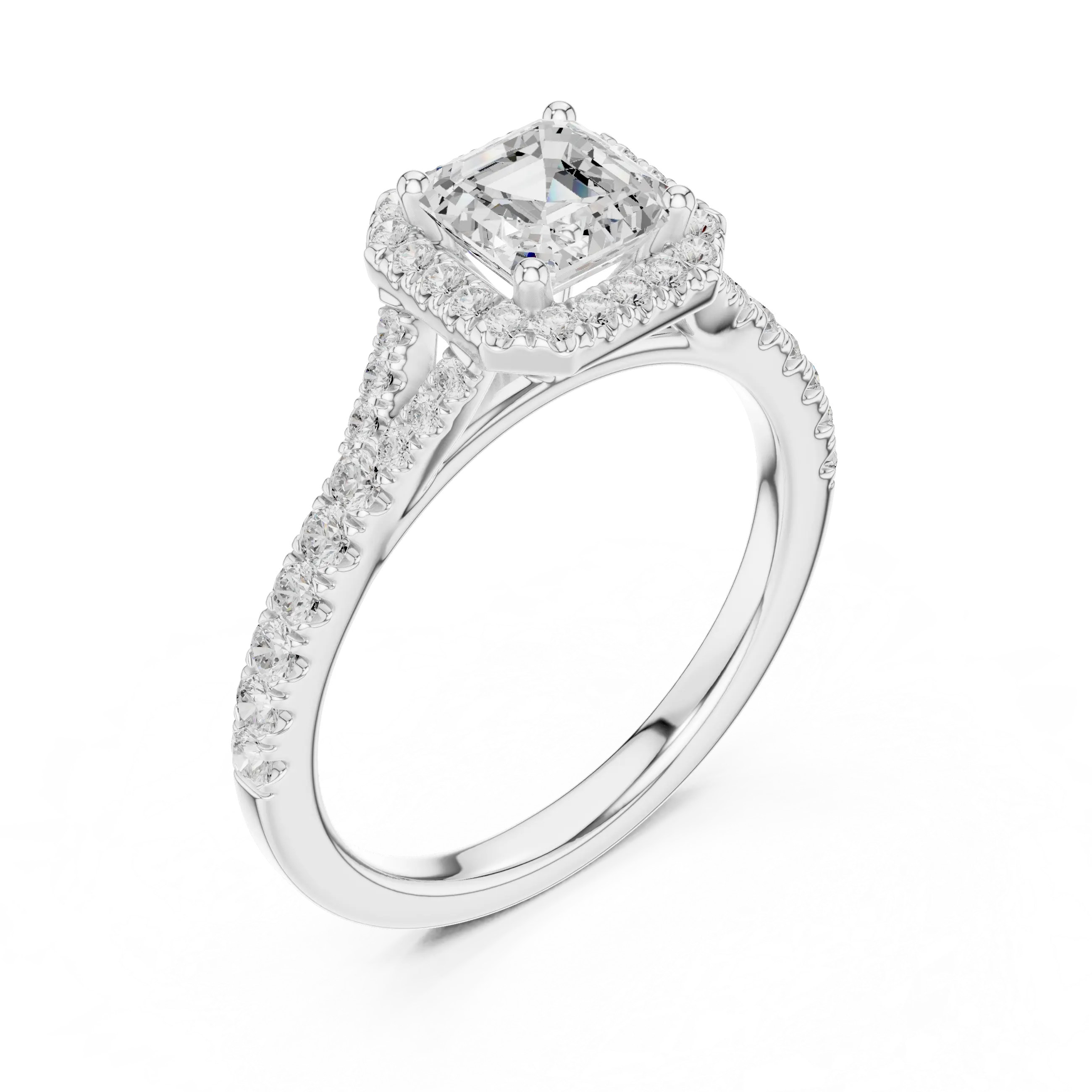 MJR093 - Asscher Cut Halo Engagement Ring with Split Pavé Shank