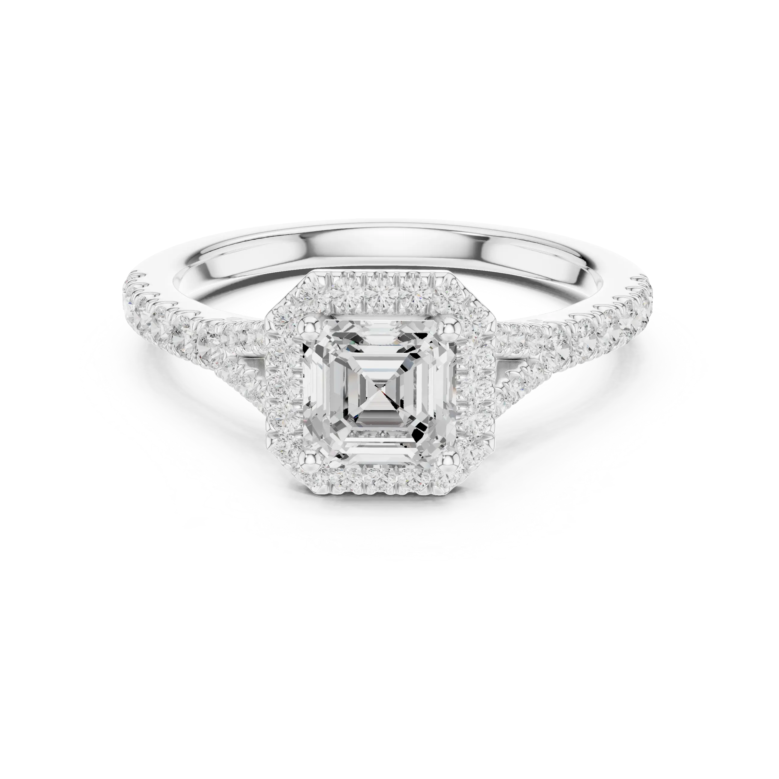 MJR093 - Asscher Cut Halo Engagement Ring with Split Pavé Shank