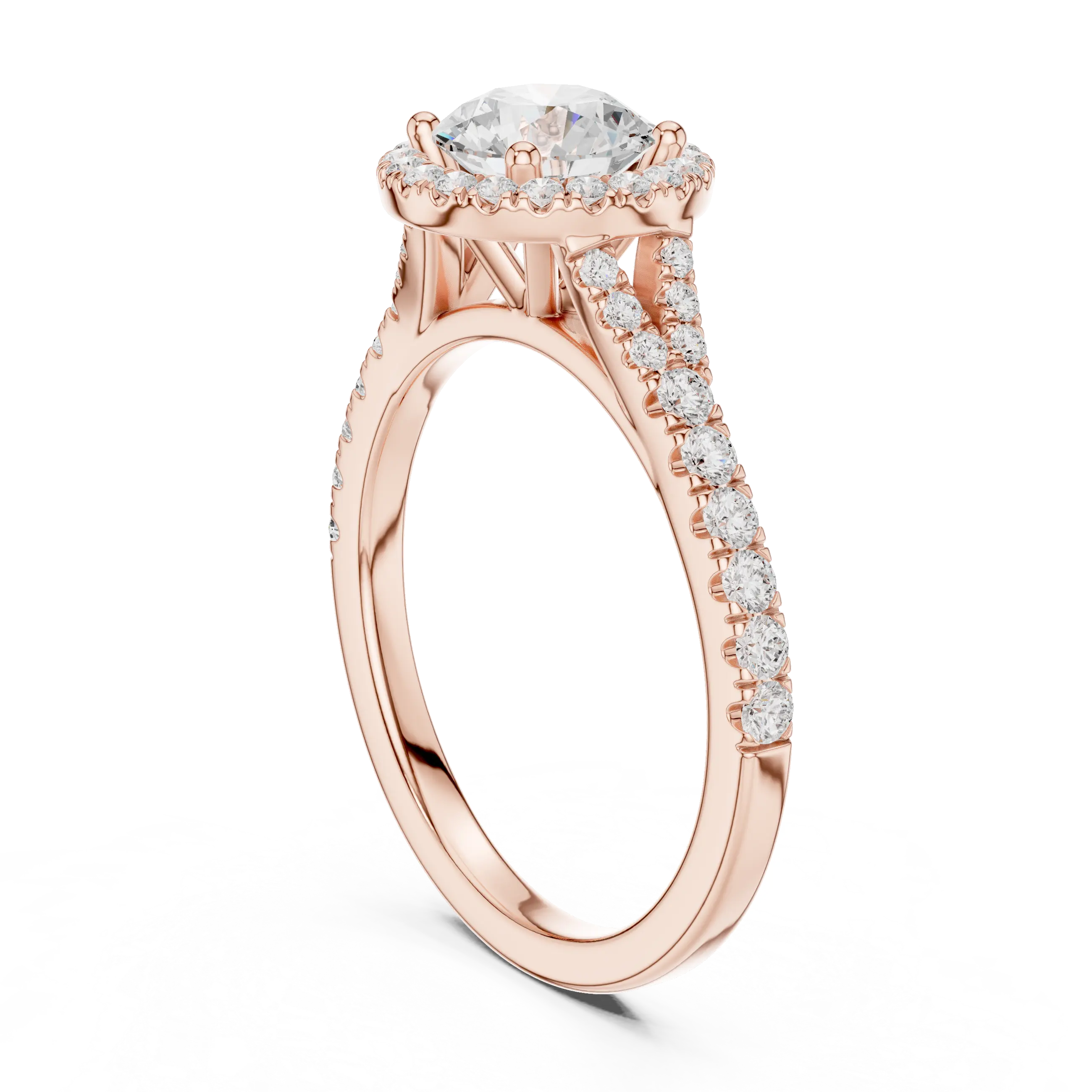 MJR095 - Round Cut Halo Ring with Split Pavé Shoulders