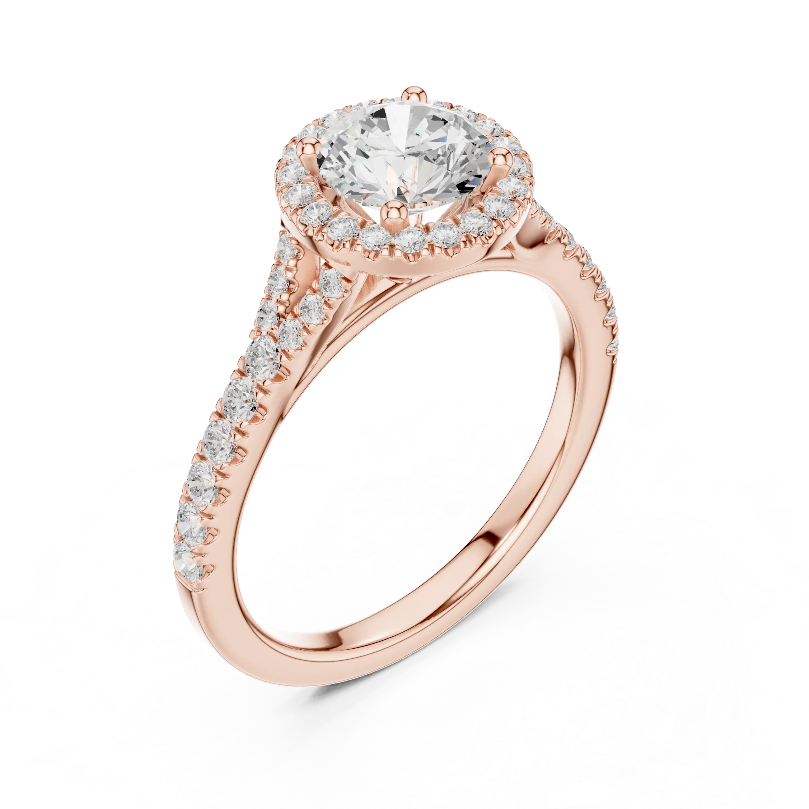 MJR095 - Round Cut Halo Ring with Split Pavé Shoulders