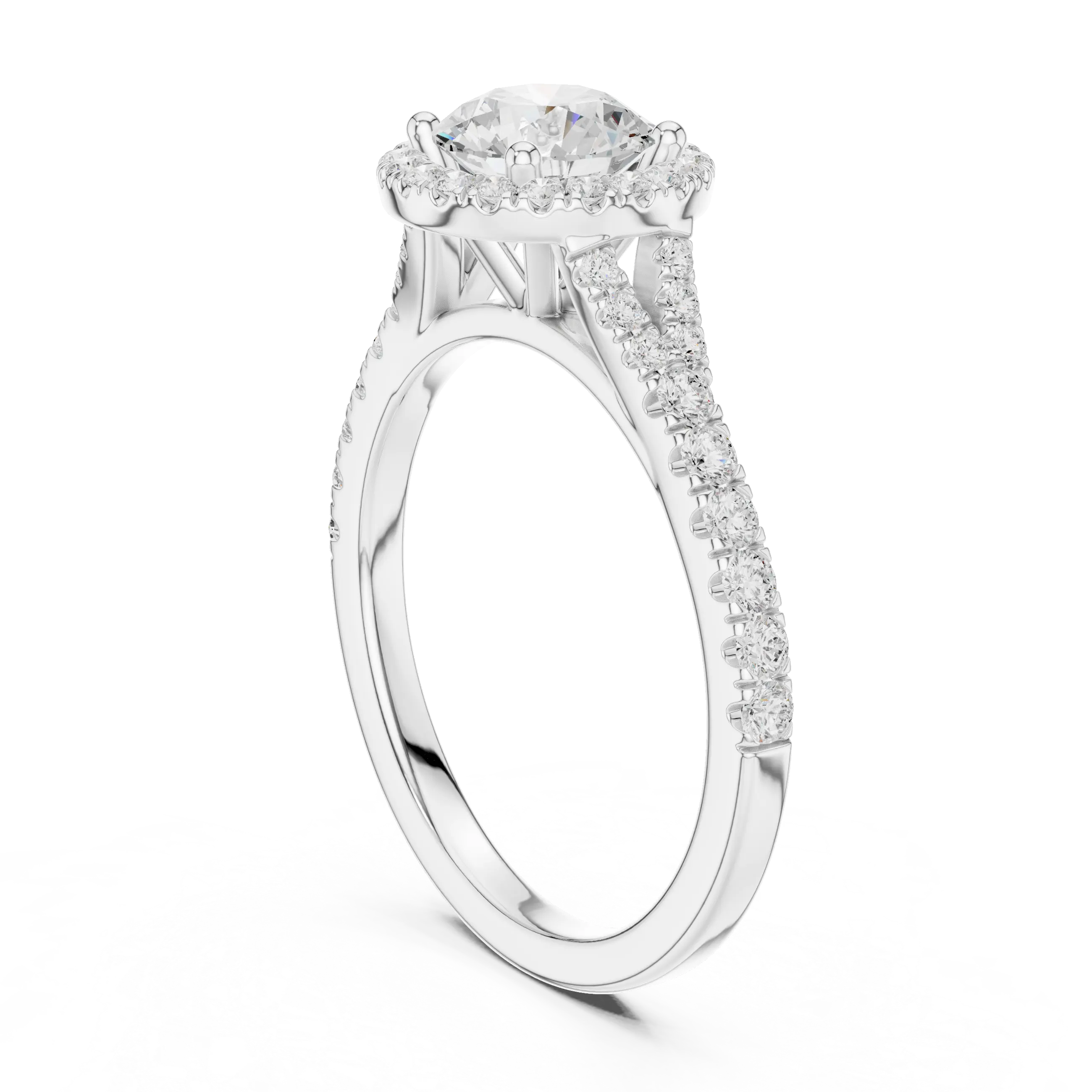 MJR095 - Round Cut Halo Ring with Split Pavé Shoulders