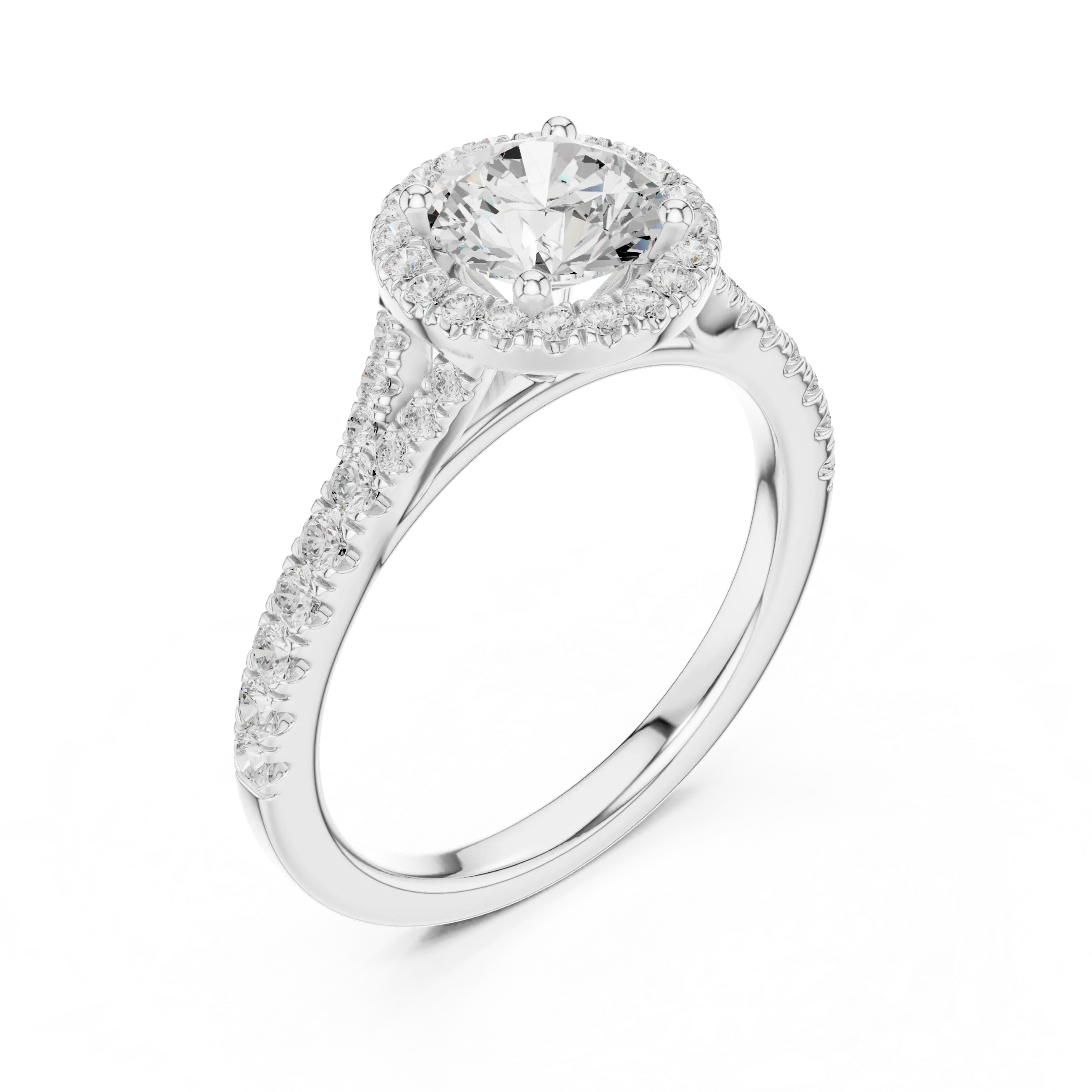 MJR095 - Round Cut Halo Ring with Split Pavé Shoulders