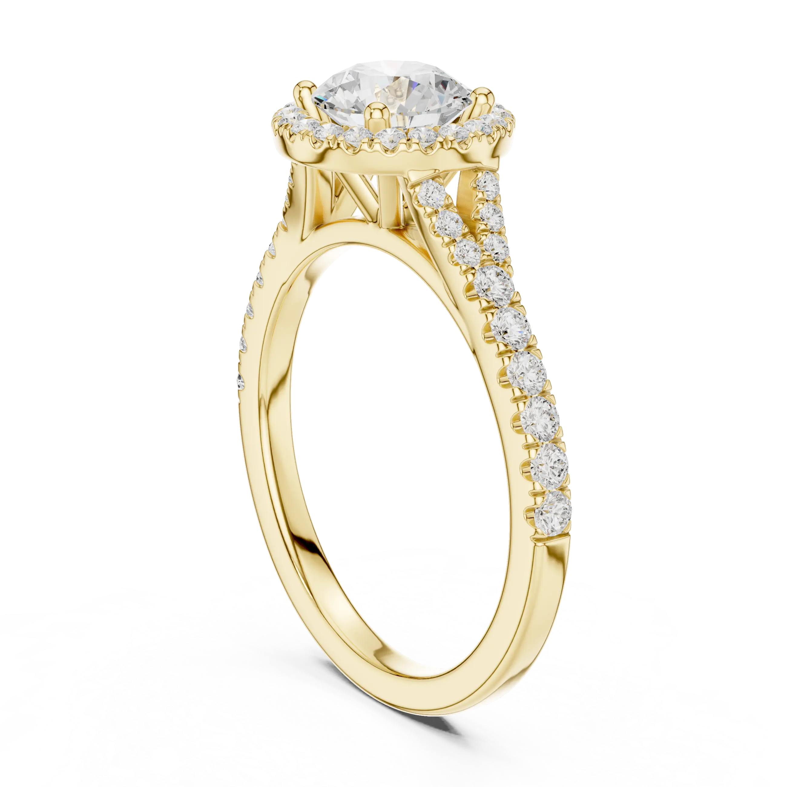 MJR095 - Round Cut Halo Ring with Split Pavé Shoulders