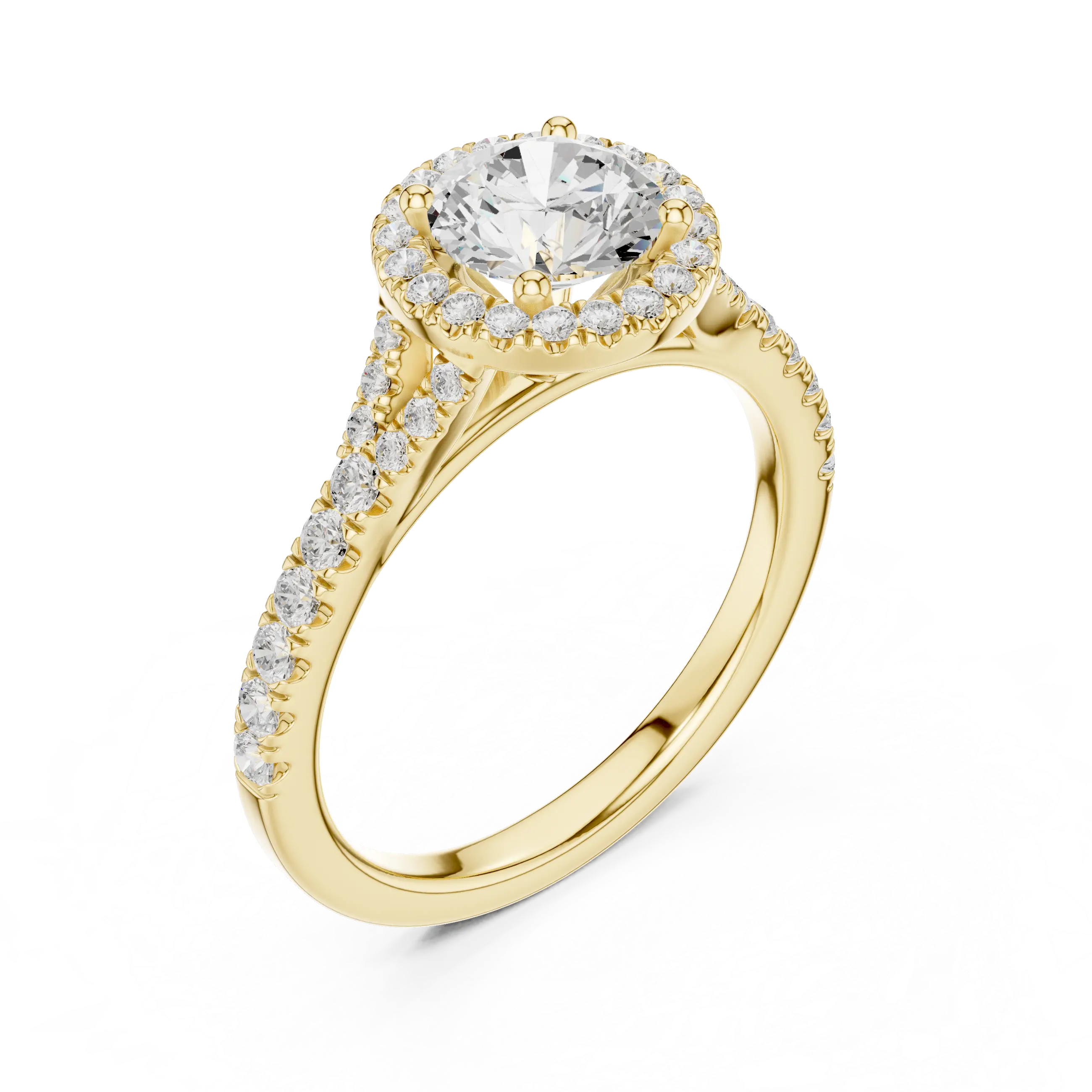 MJR095 - Round Cut Halo Ring with Split Pavé Shoulders