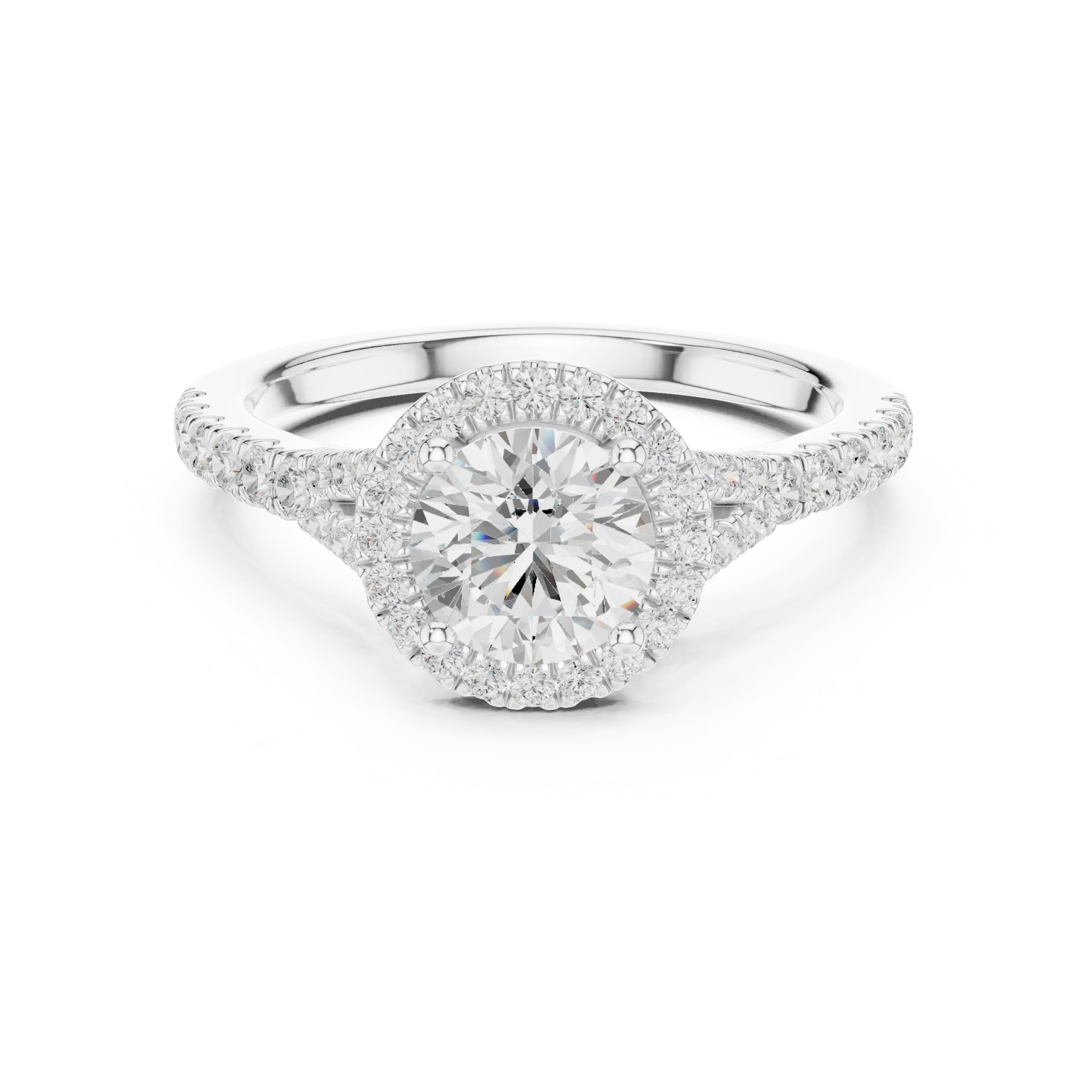 MJR095 - Round Cut Halo Ring with Split Pavé Shoulders