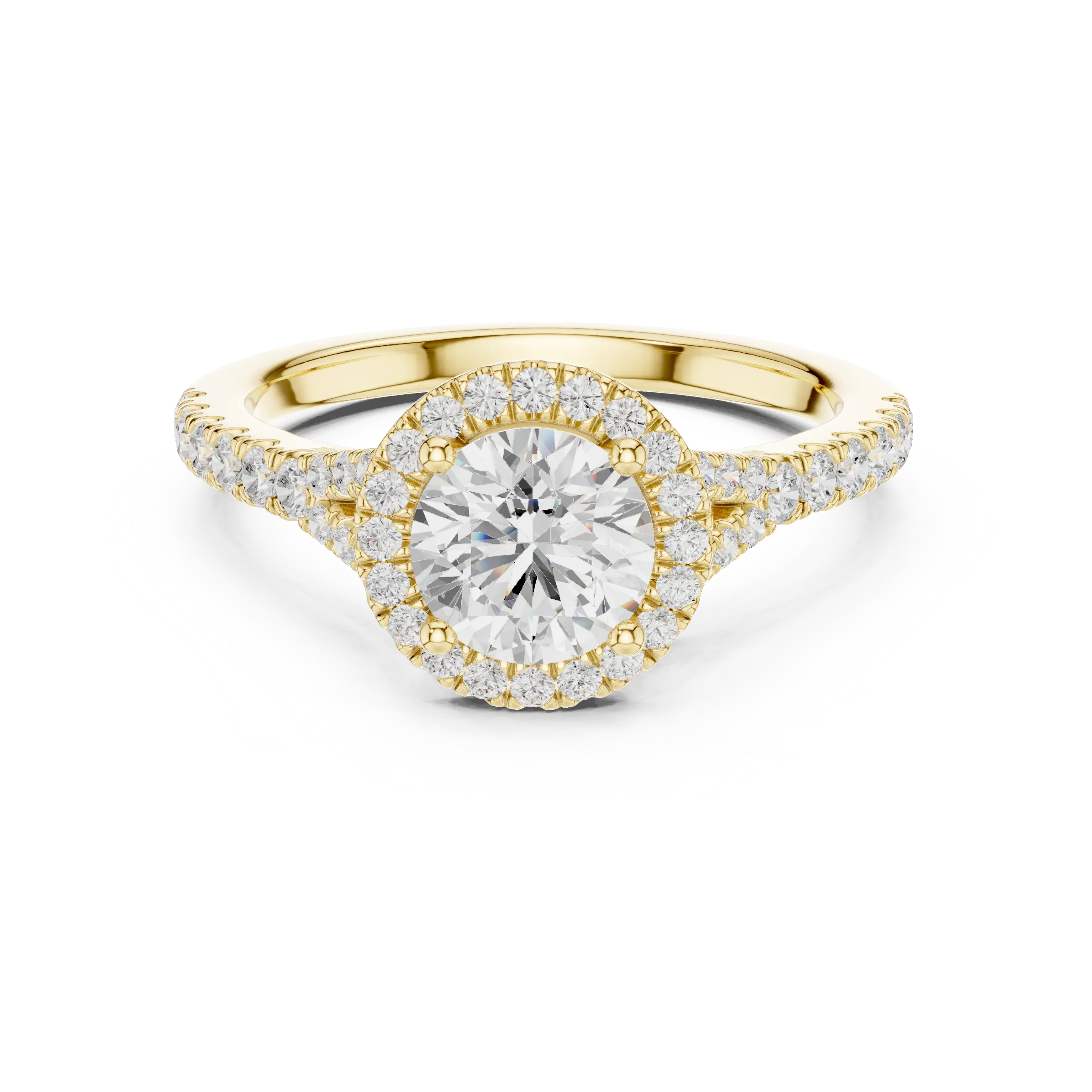 MJR095 - Round Cut Halo Ring with Split Pavé Shoulders