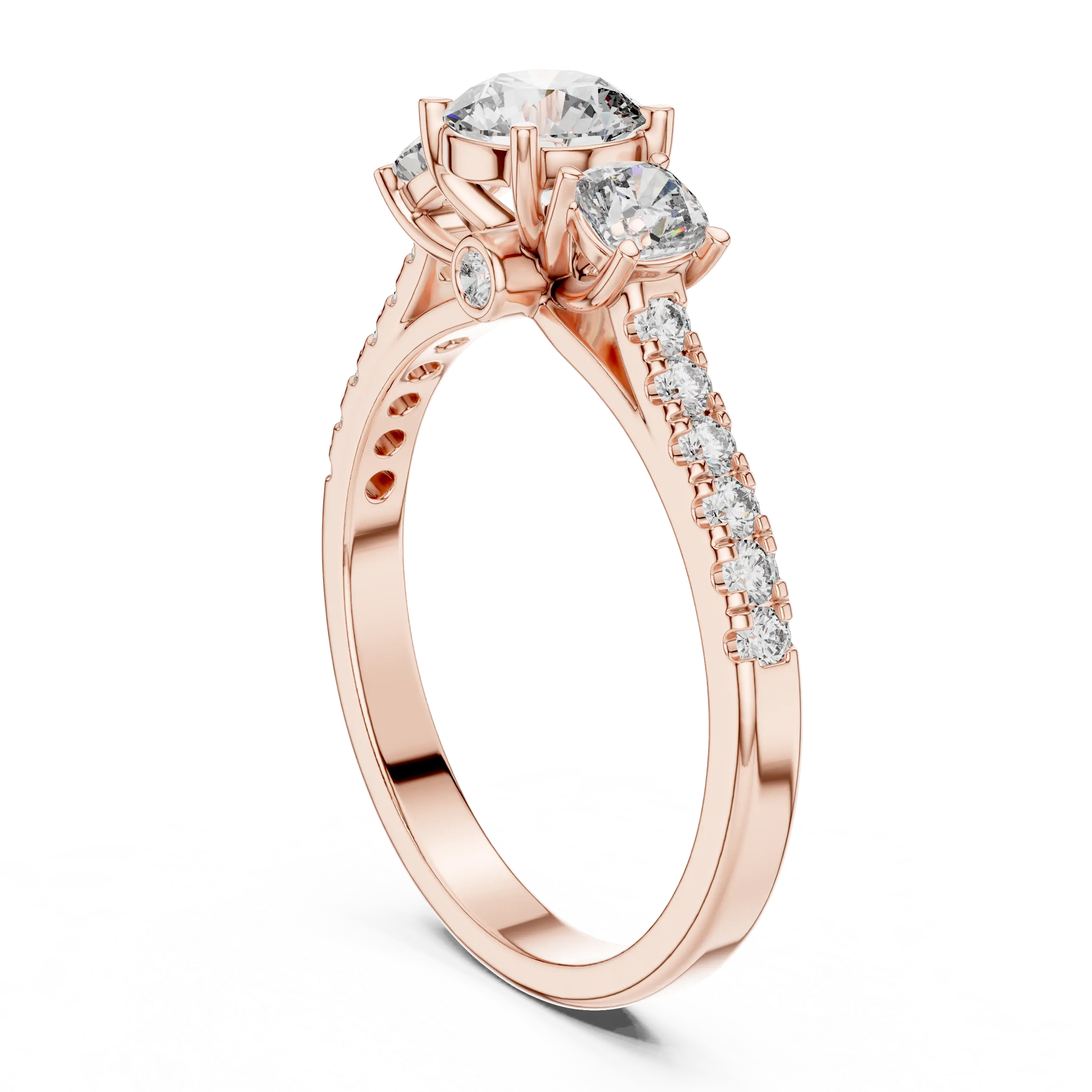MJR006 - Round Three Stone Engagement Ring with Pavé Band