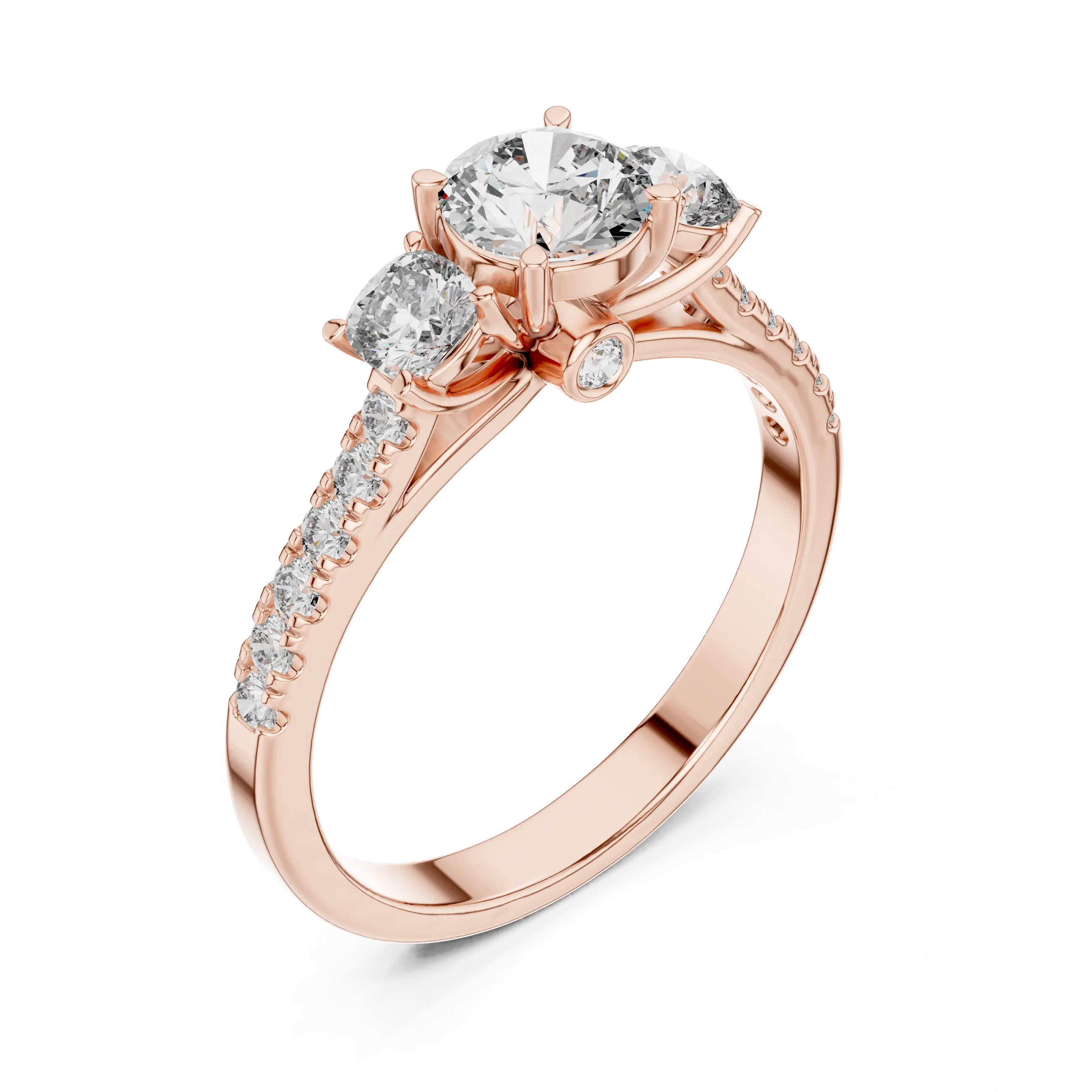 MJR006 - Round Three Stone Engagement Ring with Pavé Band
