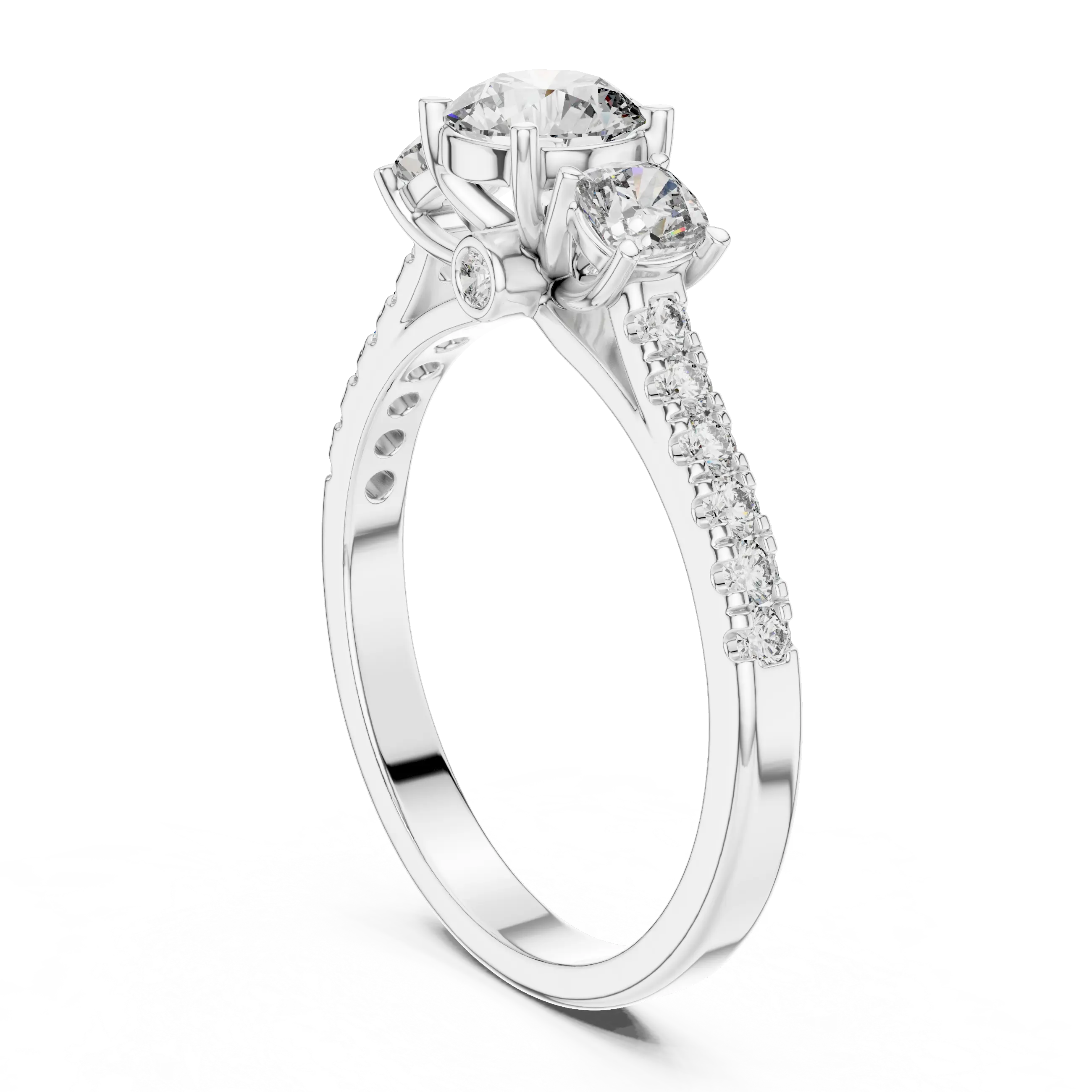 MJR006 - Round Three Stone Engagement Ring with Pavé Band