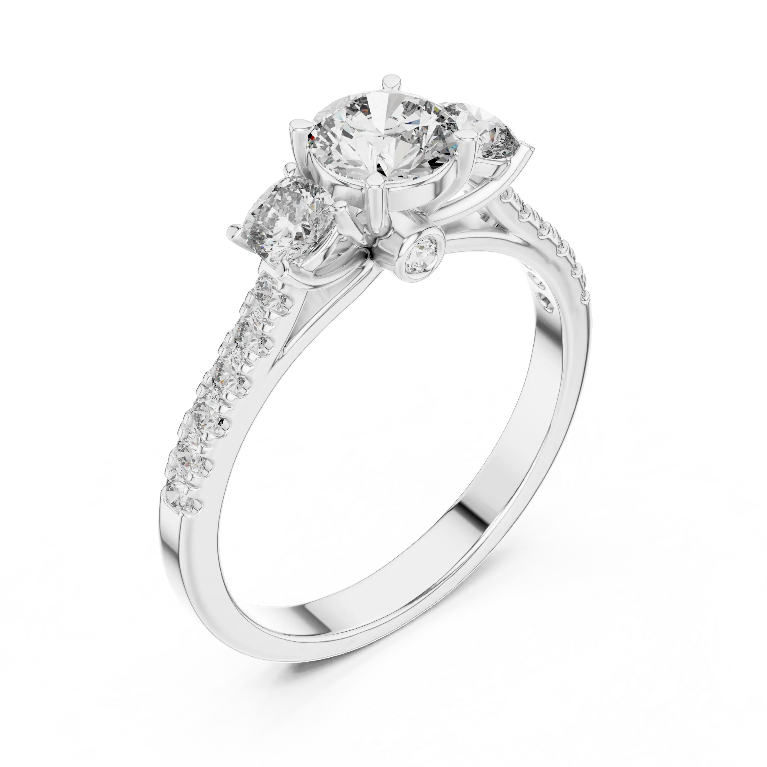 MJR006 - Round Three Stone Engagement Ring with Pavé Band