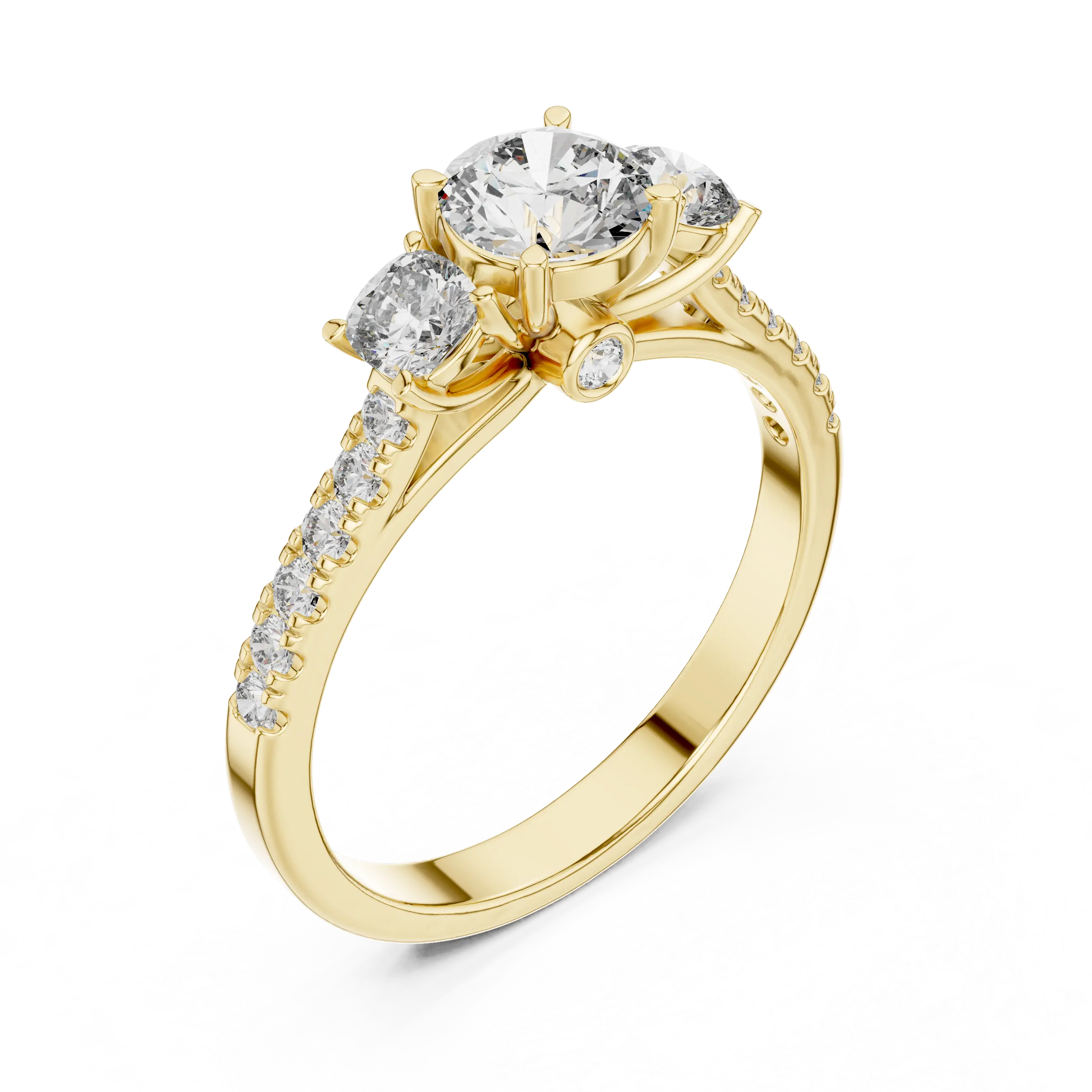MJR006 - Round Three Stone Engagement Ring with Pavé Band