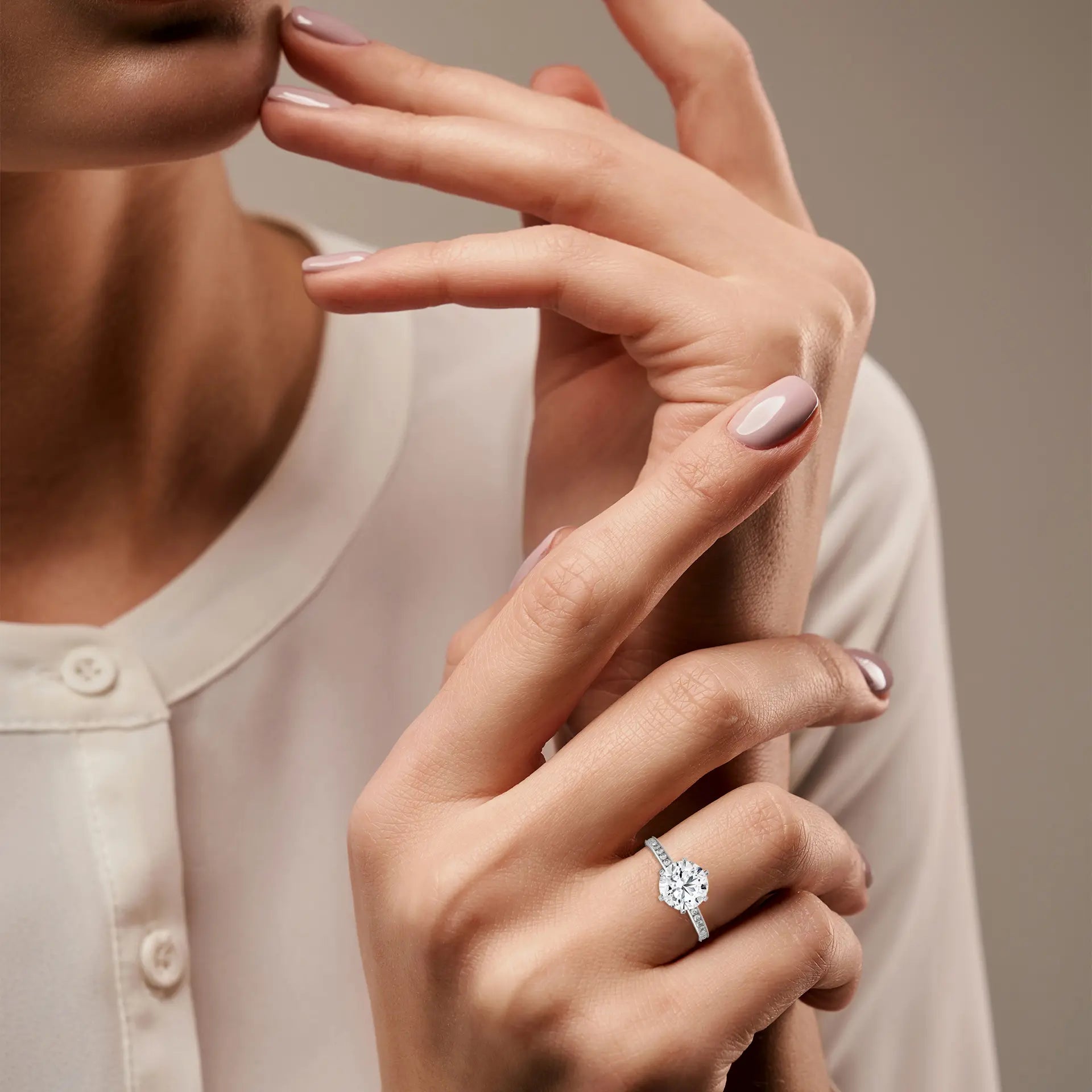 MJBS8 - Six-Prong Round Stone Pavé Accent Ring