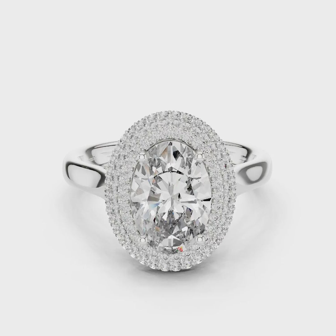MJR0108 - Opulent Double-Tiered Halo Oval Ring on Plain Shank