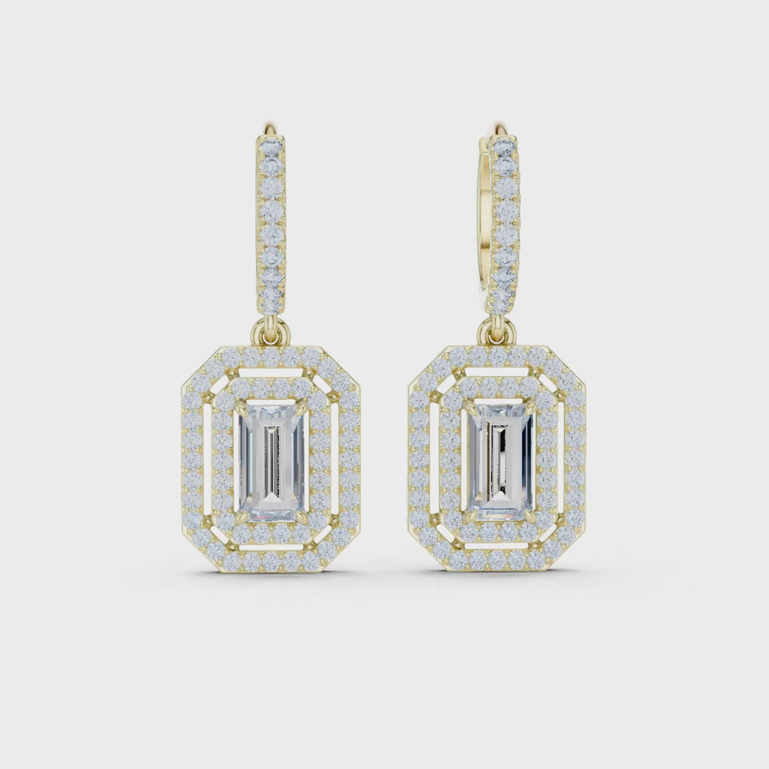 MJER55 - Emerald Cut Double Halo Huggie Drop Earrings