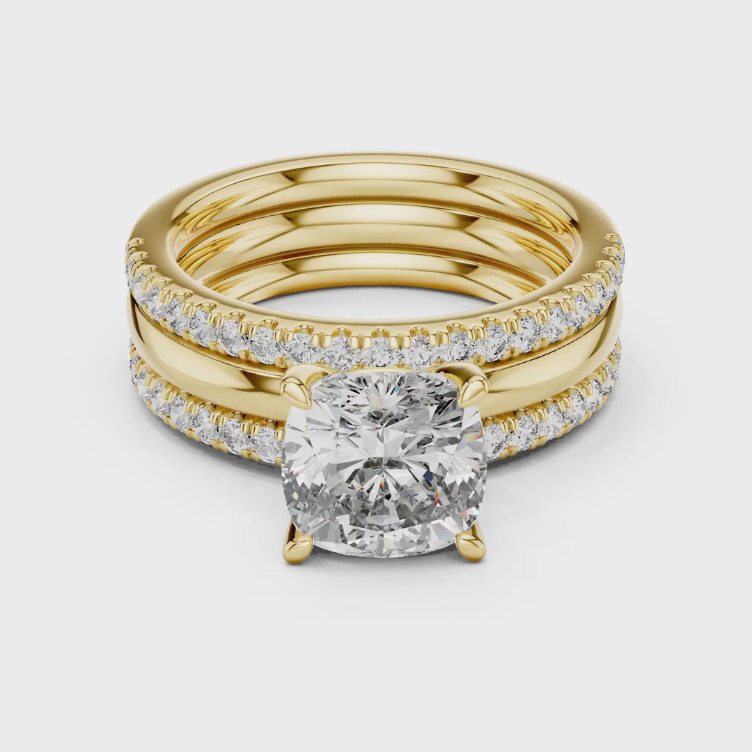 MJTW5 - Cushion Cut Solitaire Plain Band Triple Bridal Stack