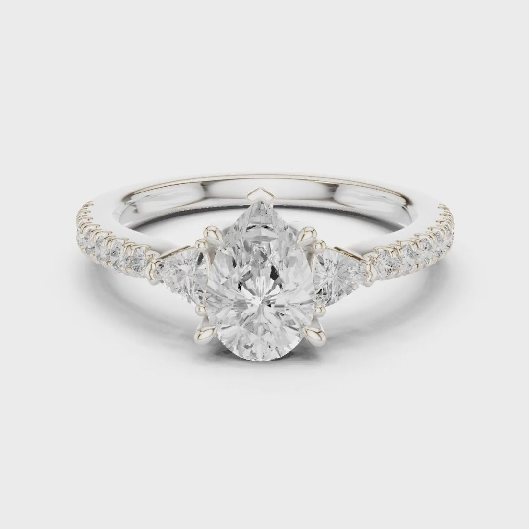 MJR0148 - Teardrop Pear Center Three Stone Ring with Pavé Shank