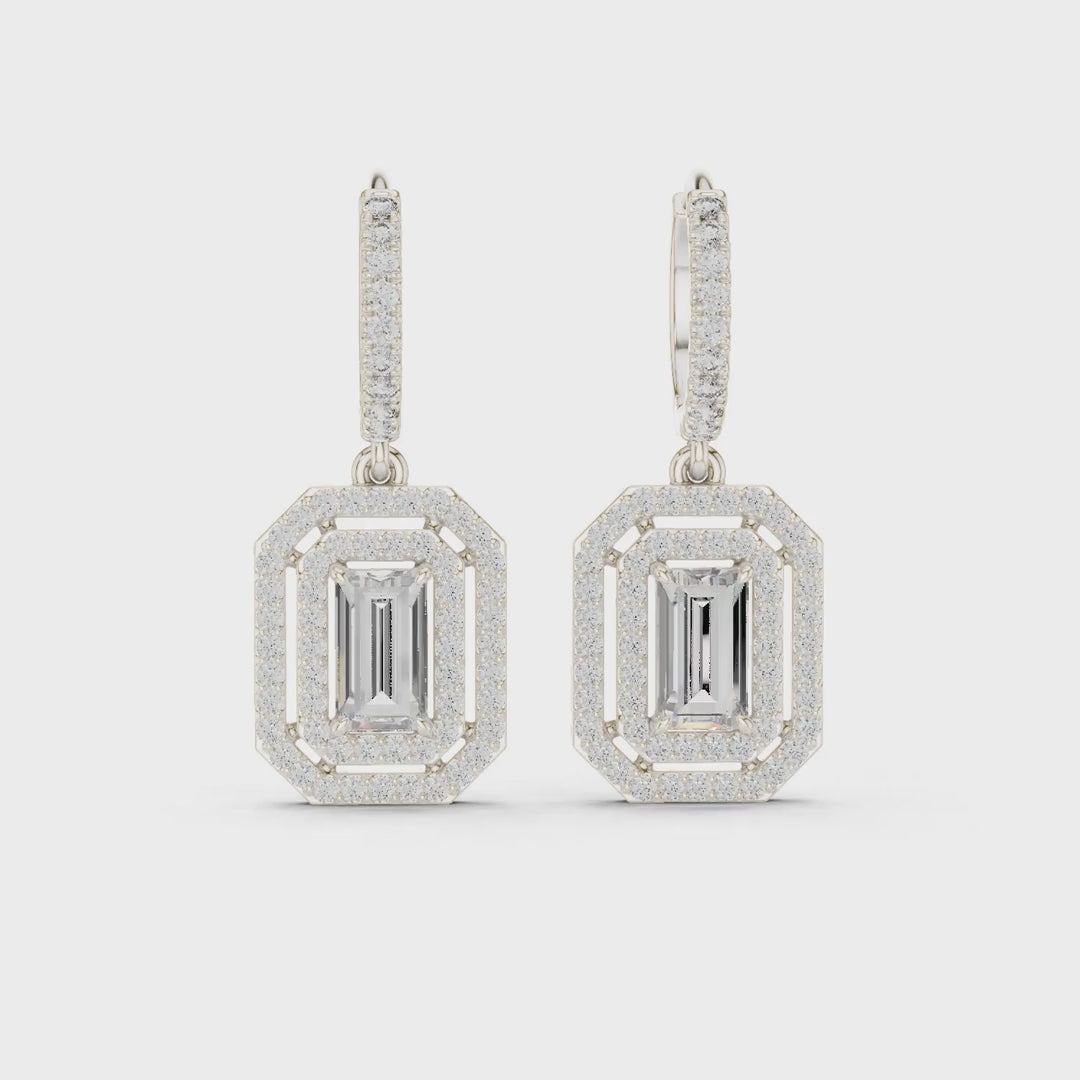 MJER55 - Emerald Cut Double Halo Huggie Drop Earrings
