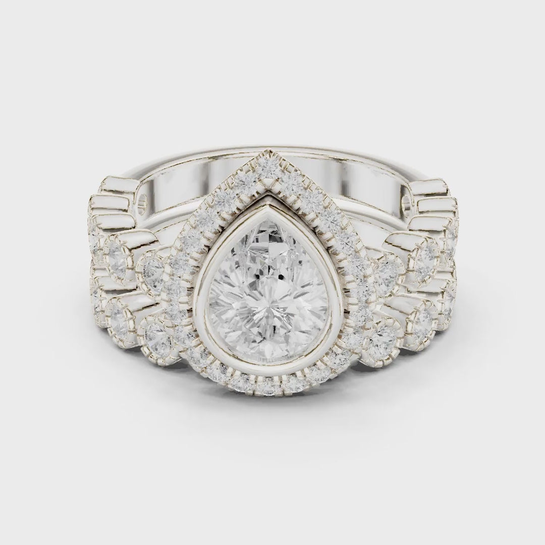 2.04 Cts Lab Grown Diamond Pear Shape Bezel Halo Stack Ring with Milgrain Clusters