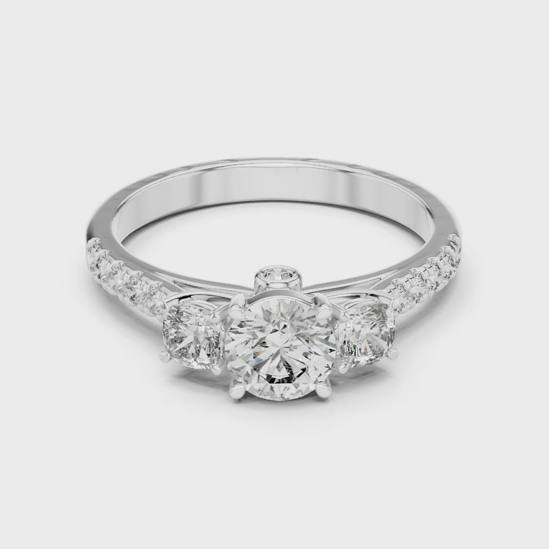 MJR006 - Round Three Stone Engagement Ring with Pavé Band