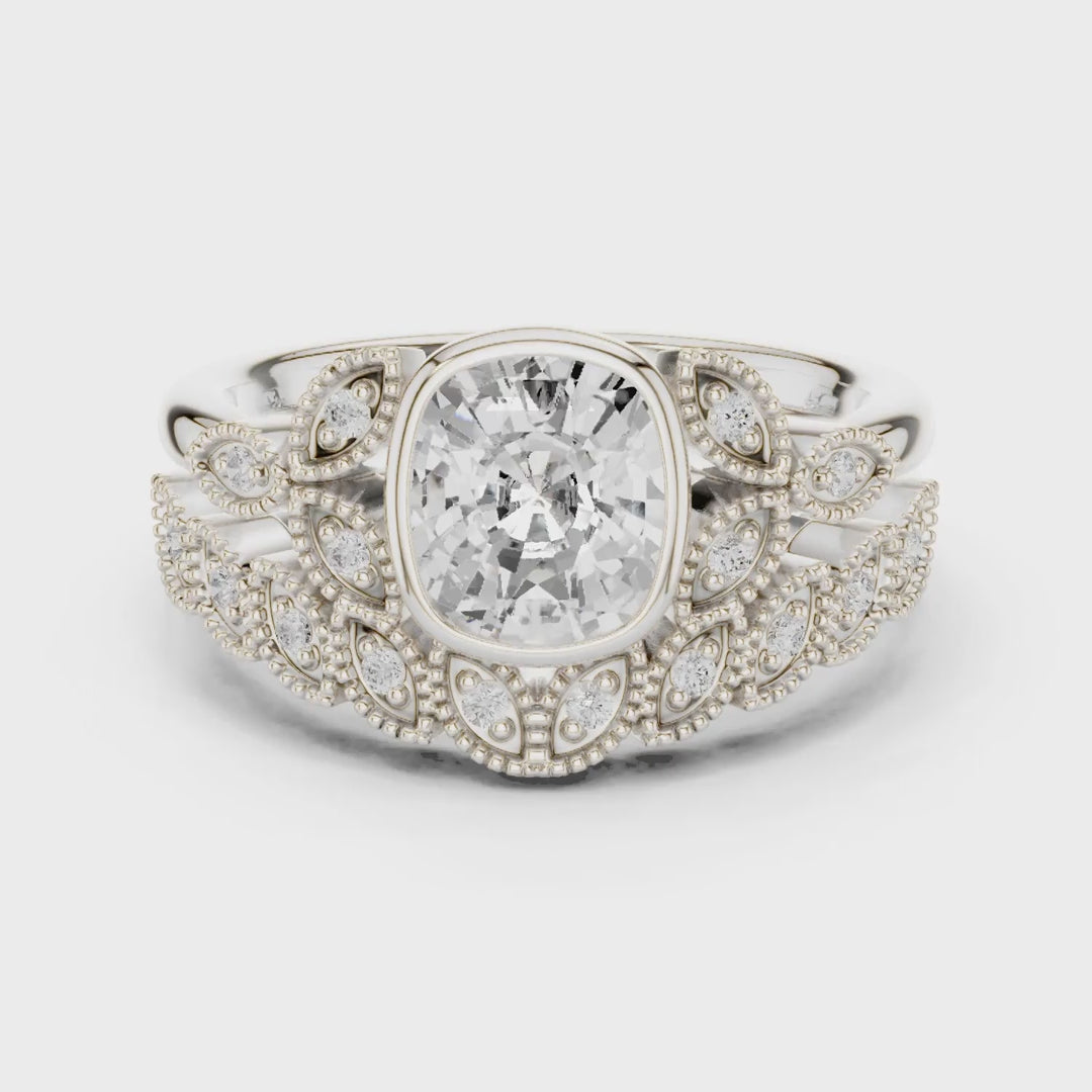 MJTW8 - Cushion Cut Bezel Set Ring with Marquise Shape Tiara Band
