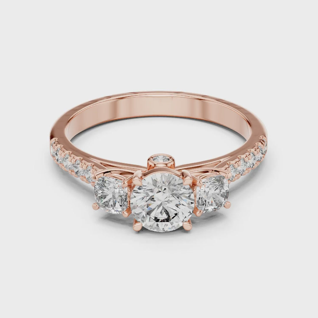 MJR006 - Round Three Stone Engagement Ring with Pavé Band