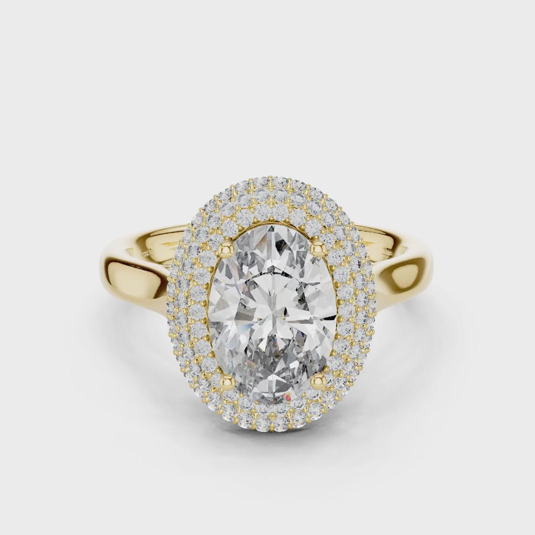 MJR0108 - Opulent Double-Tiered Halo Oval Ring on Plain Shank