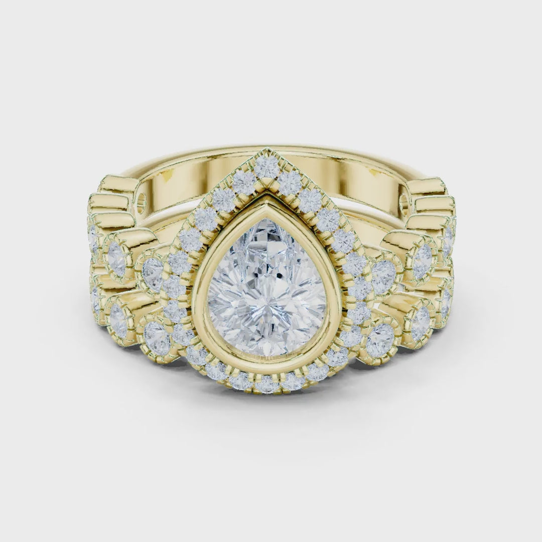 2.04 Cts Lab Grown Diamond Pear Shape Bezel Halo Stack Ring with Milgrain Clusters