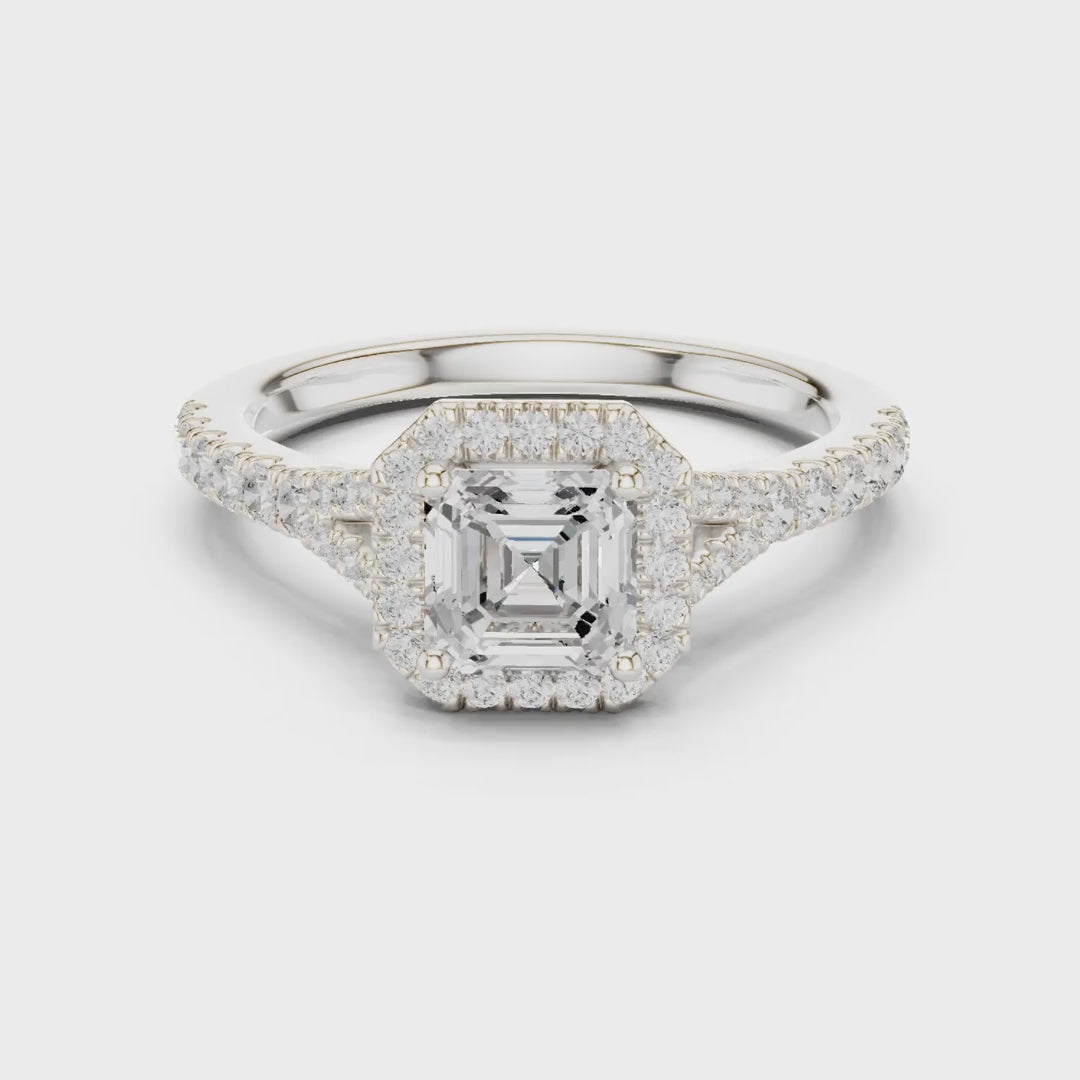 MJR093 - Asscher Cut Halo Engagement Ring with Split Pavé Shank