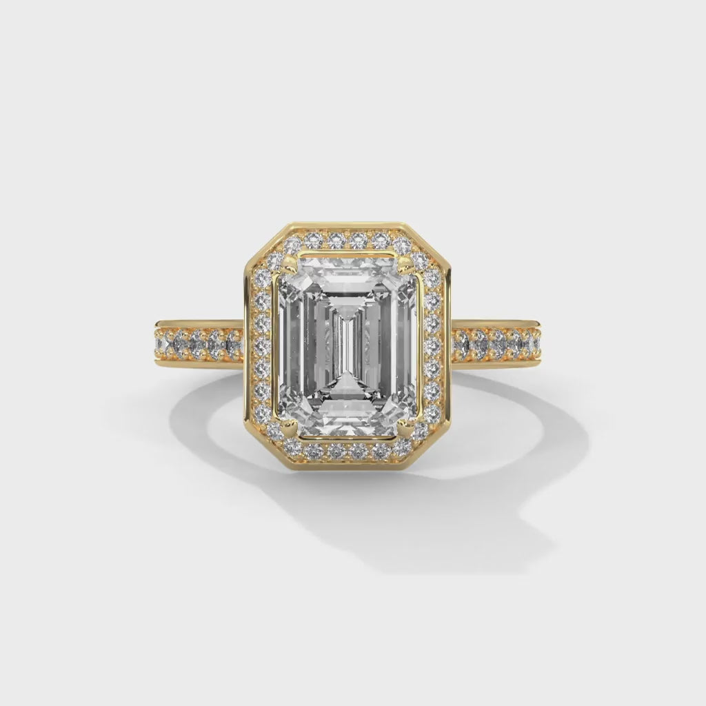 MJBS49 - Cathedral Style Emerald Bezel Halo Wedding Ring