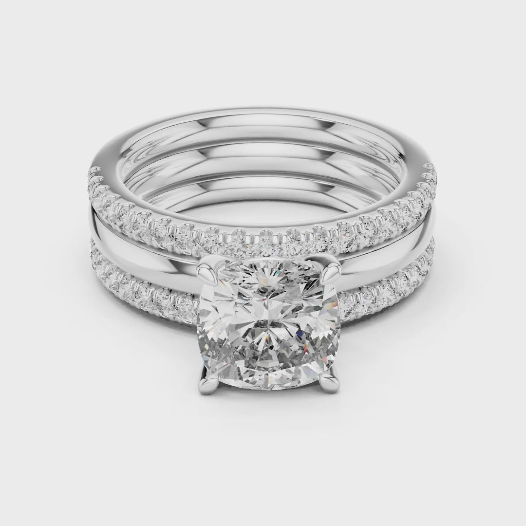 MJTW5 - Cushion Cut Solitaire Plain Band Triple Bridal Stack