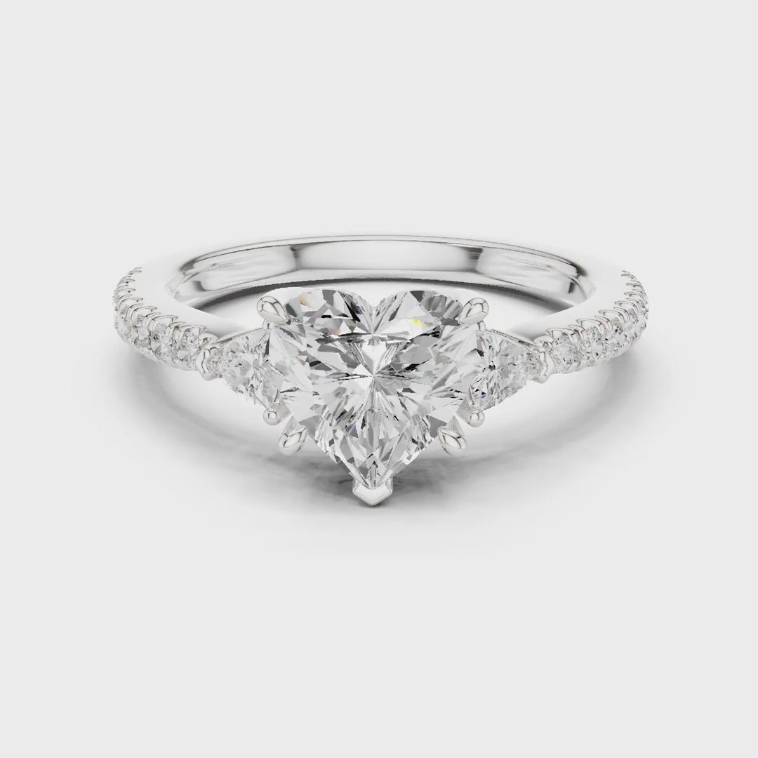 MJR0139 - Heart Cut Three Stone Ring with Pavé Accent Band