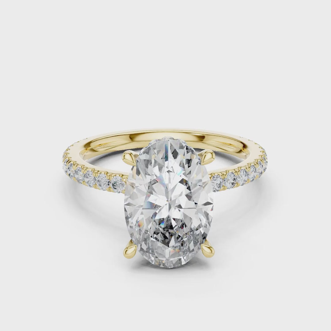 MJR0114 -Double Hidden Halo Oval Solitaire Ring with Pavé Band