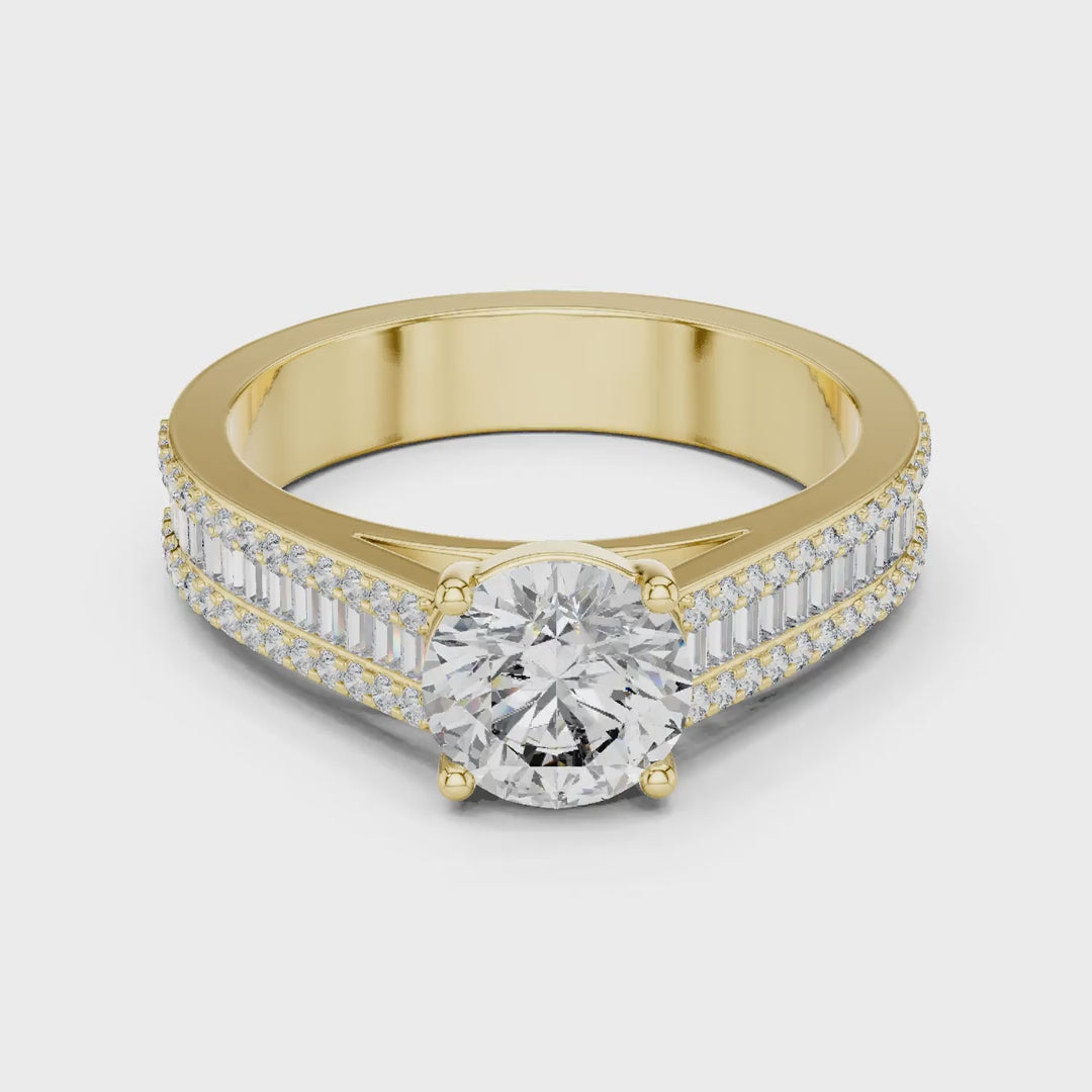 MJR0152 - Round Center Ring with Baguette Channel and Pavé Edges