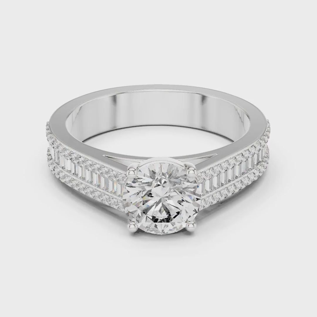MJR0152 - Round Center Ring with Baguette Channel and Pavé Edges