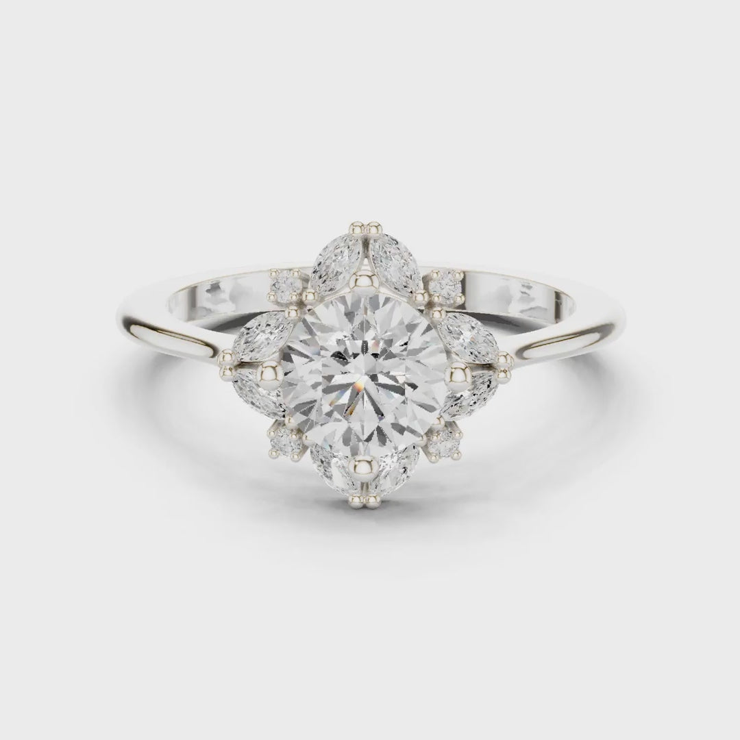 MJR0131 - Round Cut Floral Starburst Ring with Marquise Side Accents