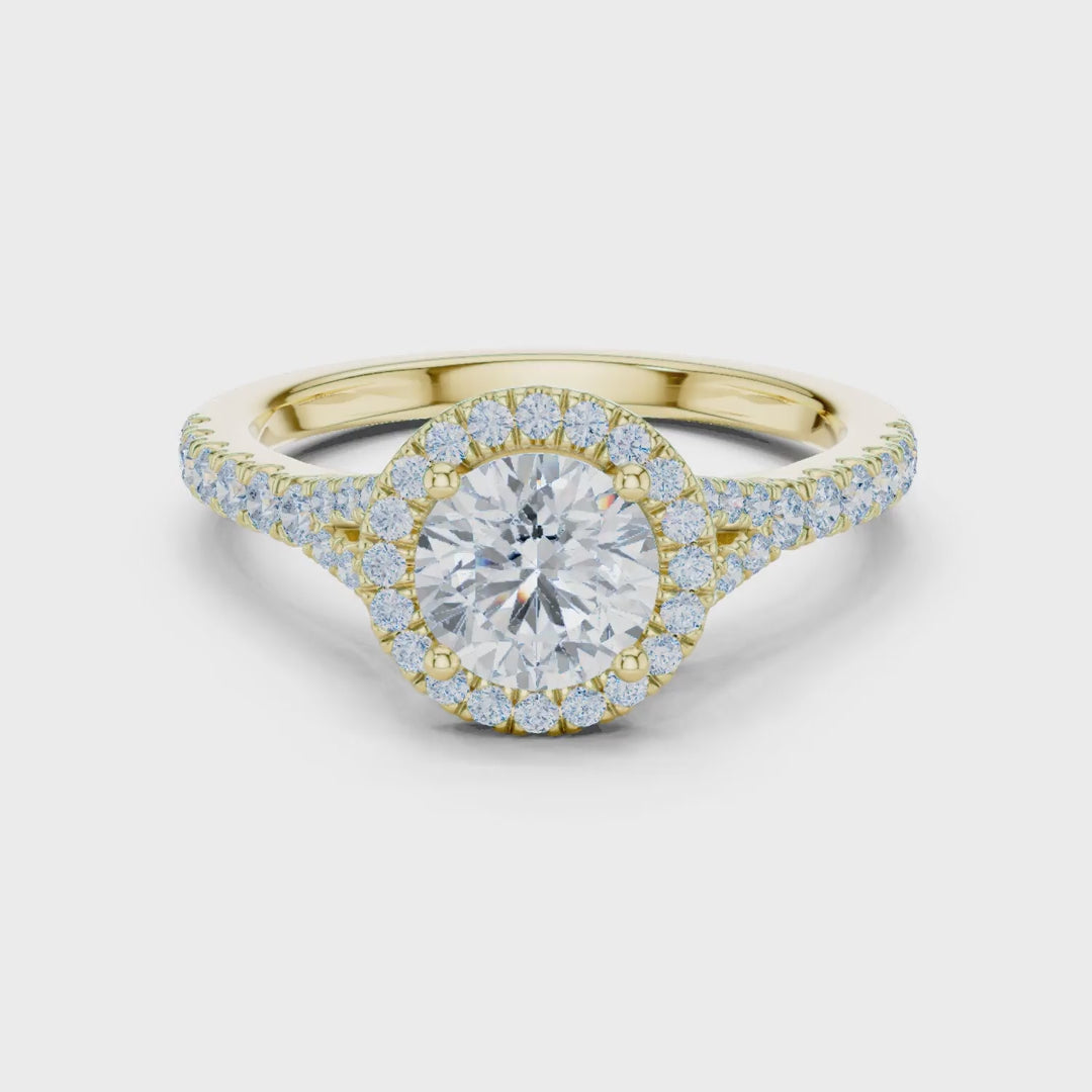 MJR095 - Round Cut Halo Ring with Split Pavé Shoulders