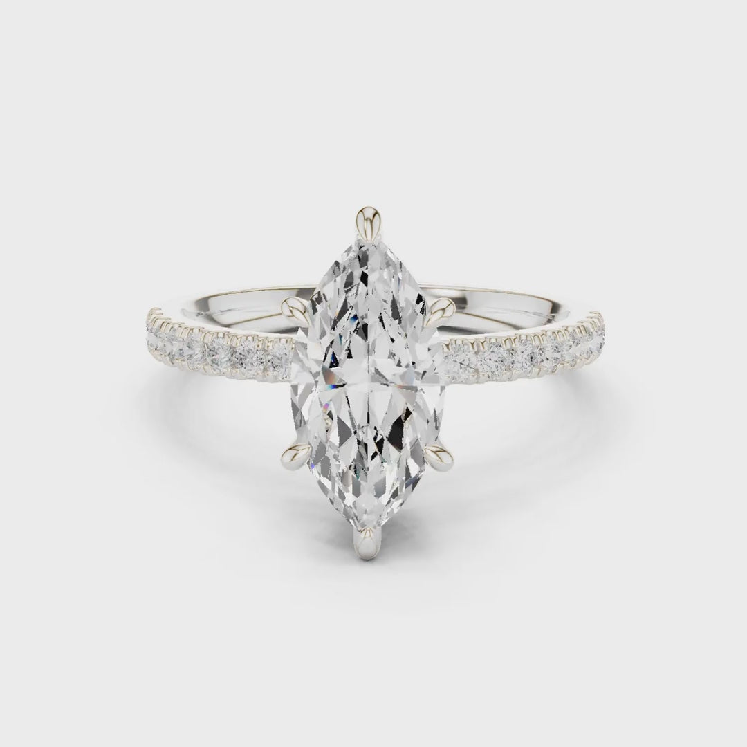 MJR0129 - Marquise Cut Solitaire Ring with Hidden Halo & Pavé Band