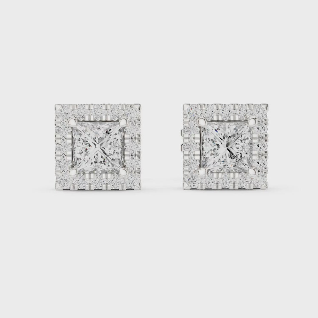 MJER80 - Princess-Cut Square Halo Stud Earrings
