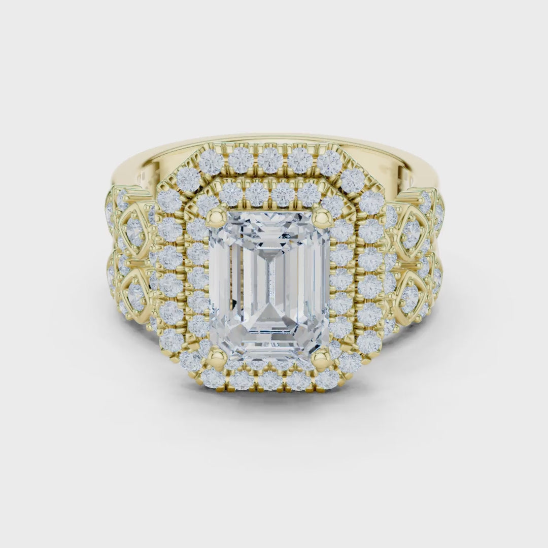 MJA018 - Emerald Cut Vintage-Inspired Double Halo Bridal Set