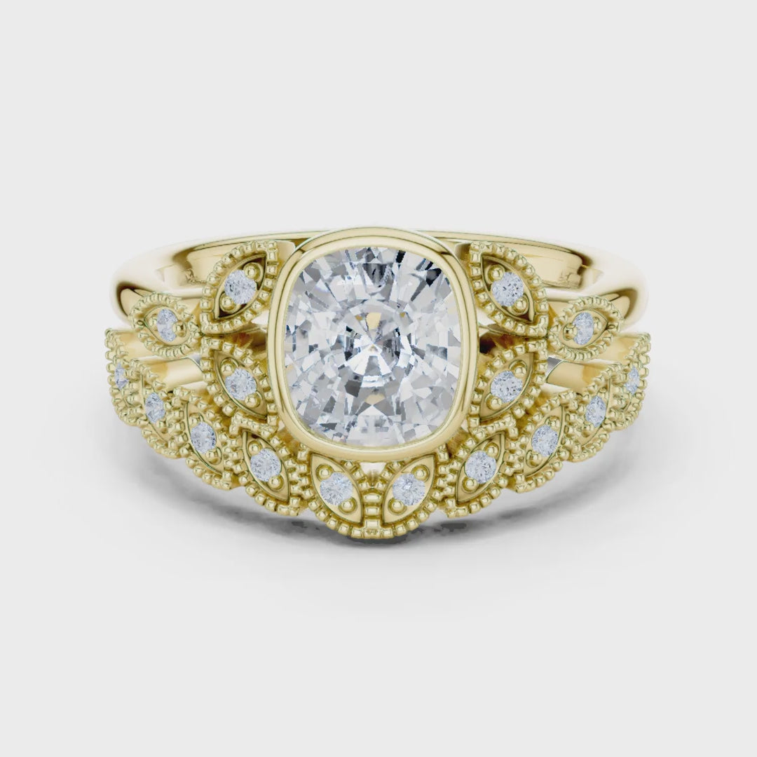 MJTW8 - Cushion Cut Bezel Set Ring with Marquise Shape Tiara Band