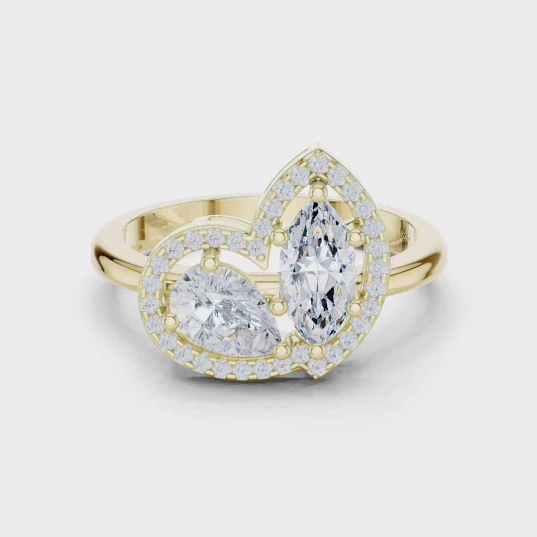 MJR0113 - Marquise Pear Toi Et Moi Ring with Heart Halo Frame
