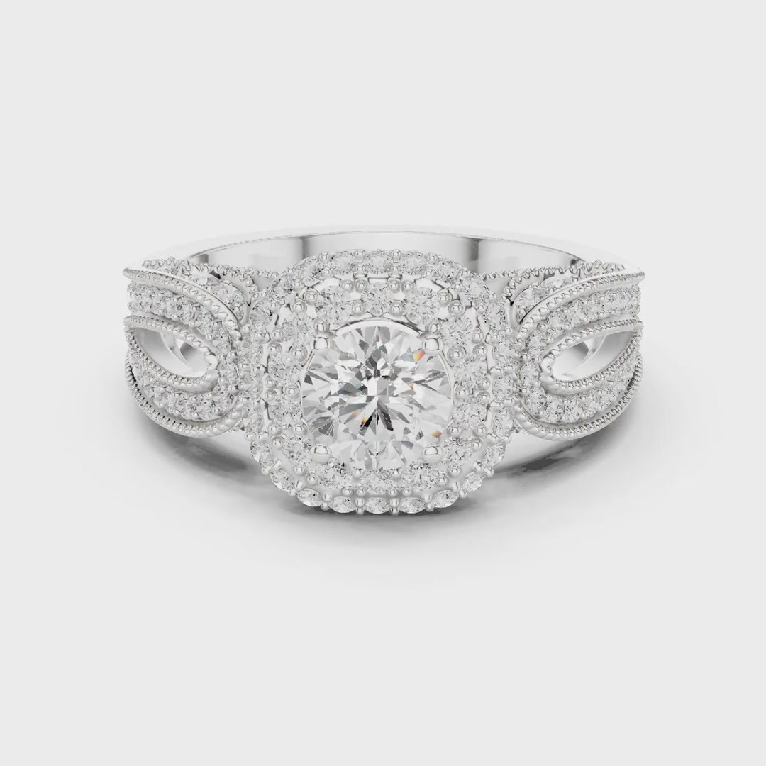 MJA014 - Encrusted Cushion Double Halo Statement Ring with Openwork Split Shank