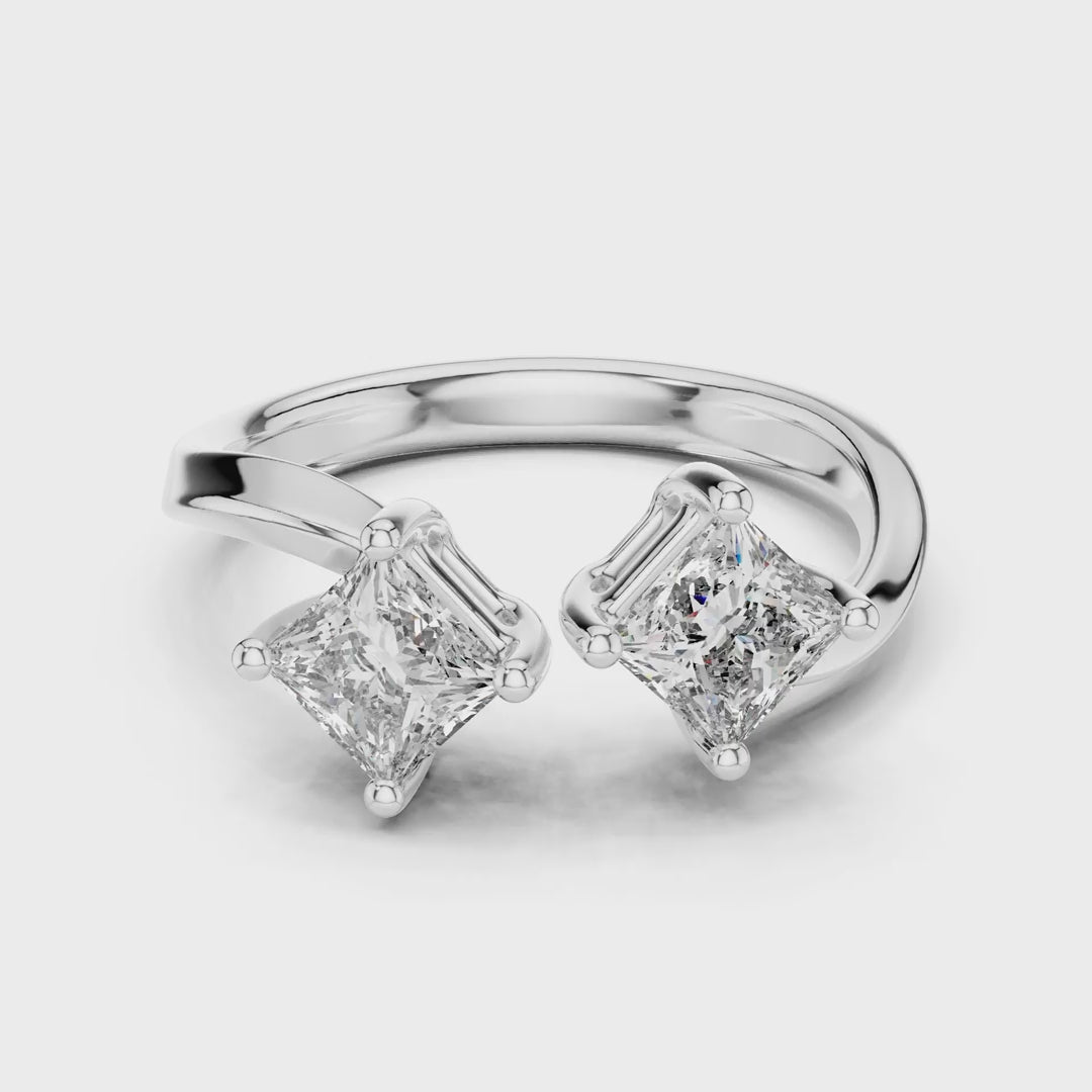 MJR046 - Princess Cut Open Cuff Twin Stone Bypass Ring