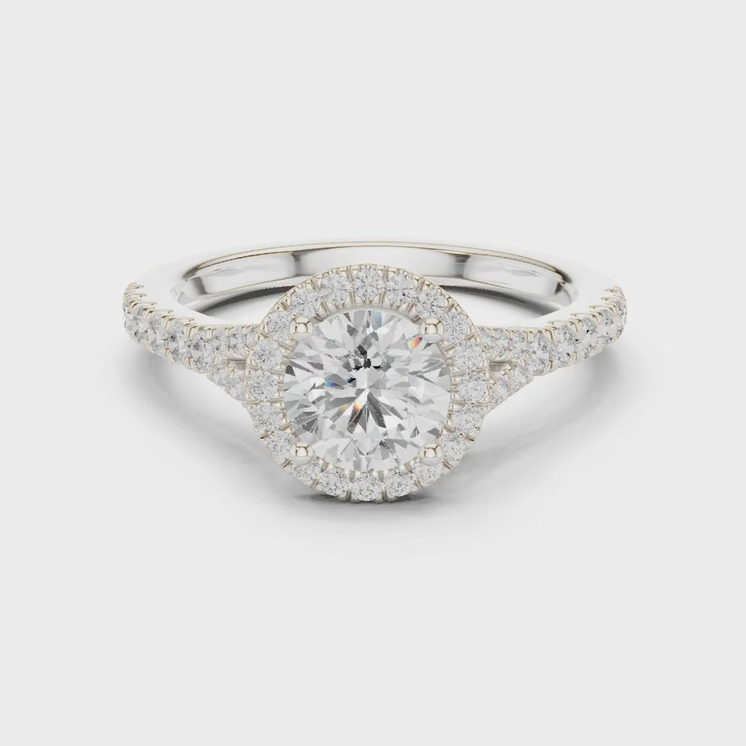 MJR095 - Round Cut Halo Ring with Split Pavé Shoulders
