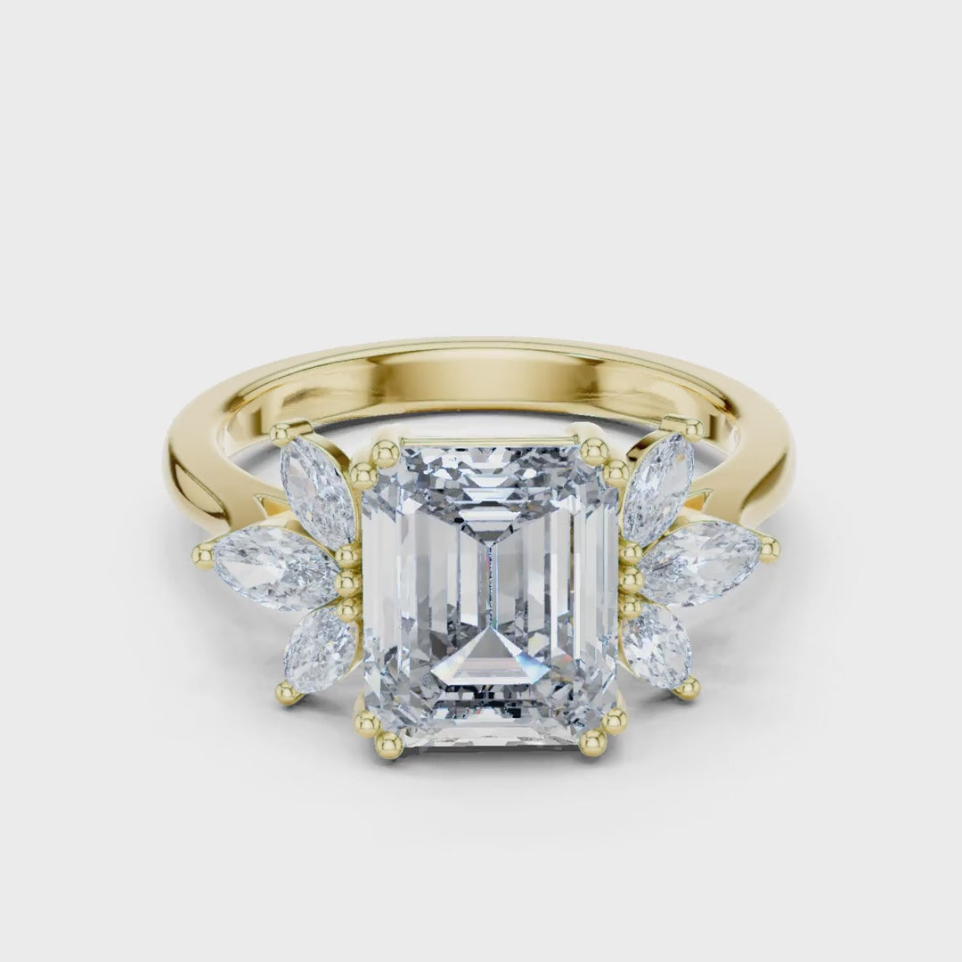 MJR0123 - Floral Cluster Emerald Cut Ring with Marquise Side Petals