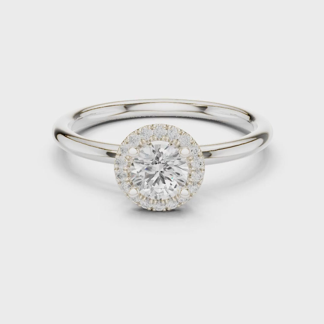 MJR0101 - Delicate Round Halo Solitaire Ring on High-Polish Band