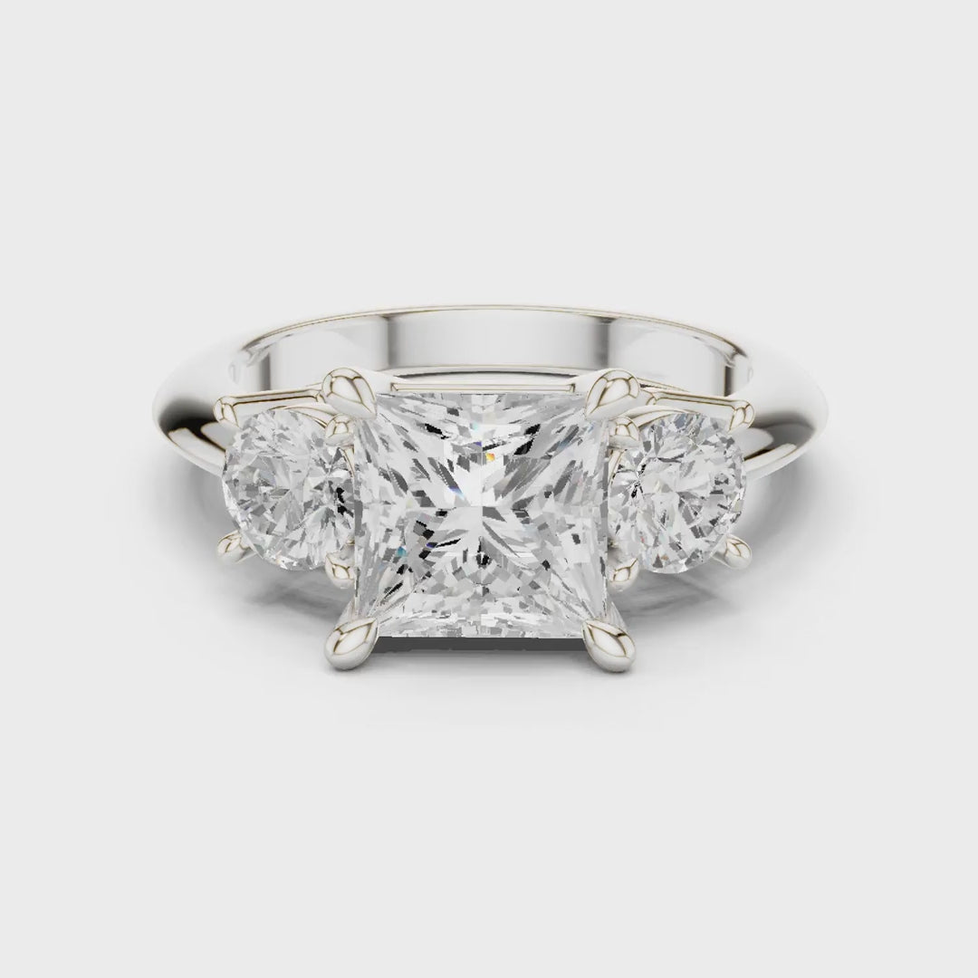 MJR091 - Princess Cut Center Three Stone Ring with Round Sides